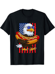 Funny 4th Of July Bald Eagle Hotdog Patriotic American Flag T-Shirt 180G 100% Cotton Printed Round Neck Short-Sleeve T-Shirt, Gifts for Men Dad Husband Grandpa, S-XXXL, Black