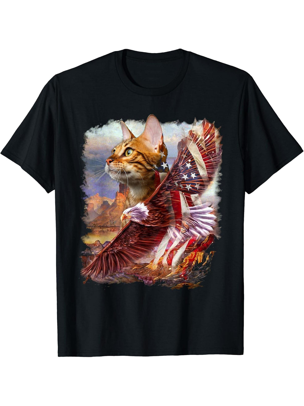 Cat with Bald Eagle and American Flag T-Shirt 180G 100% Cotton Printed Round Neck Short-Sleeve T-Shirt, Gifts for Men Dad Husband Grandpa, S-XXXL, Black