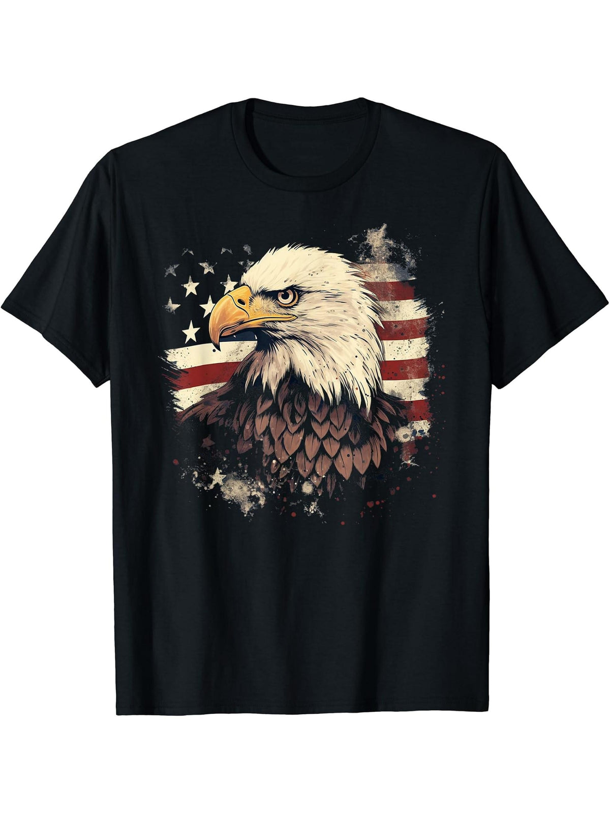 American Bald Eagle with US Flag T-Shirt 180G 100% Cotton Printed Round Neck Short-Sleeve T-Shirt, Gifts for Men Dad Husband Grandpa, S-XXXL, Black
