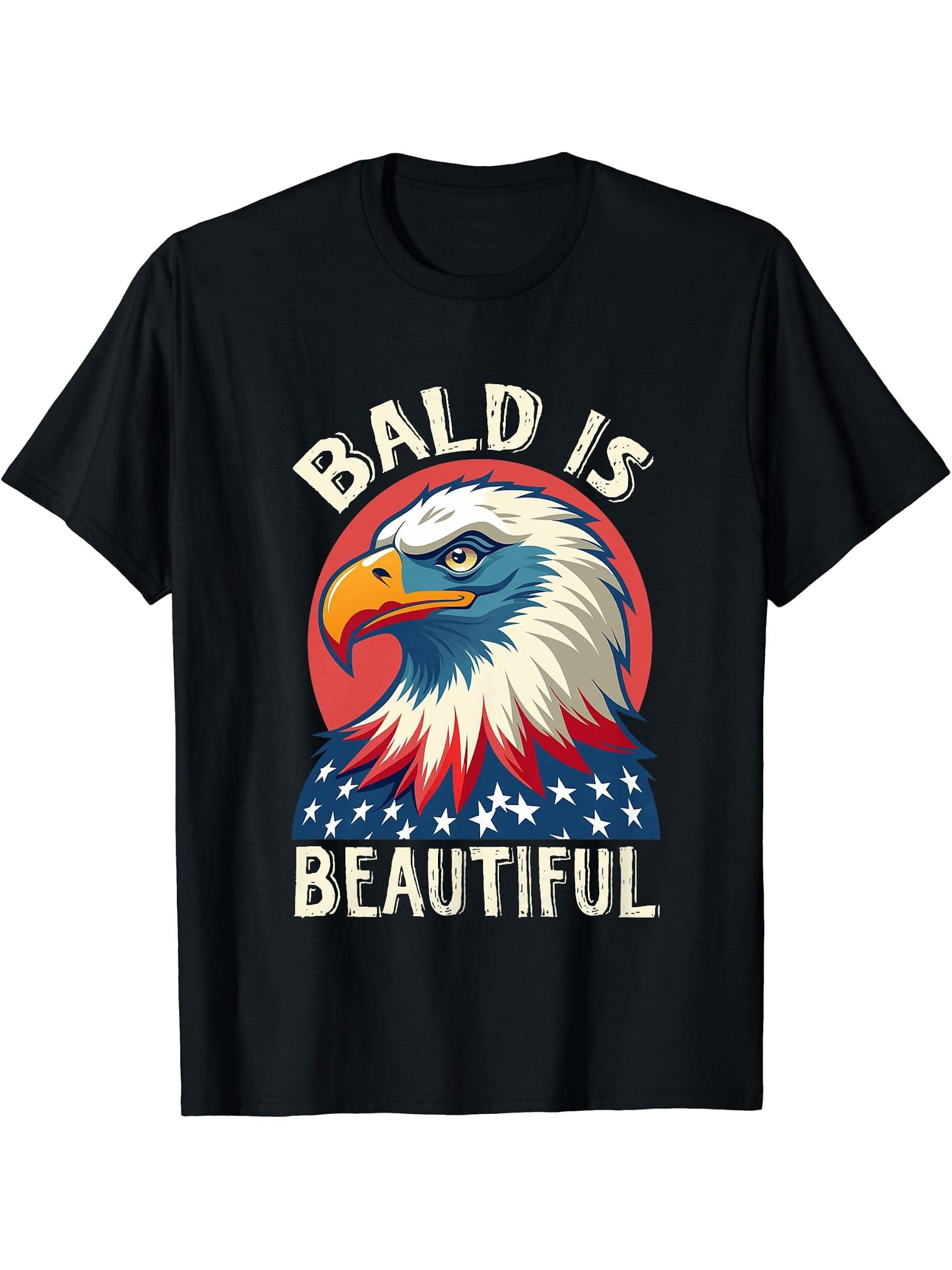 Bald Is Beautiful 4th of July Independence Day Bald Eagle T-Shirt 180G 100% Cotton Printed Round Neck Short-Sleeve T-Shirt, Gifts for Men Dad Husband Grandpa, S-XXXL, Black