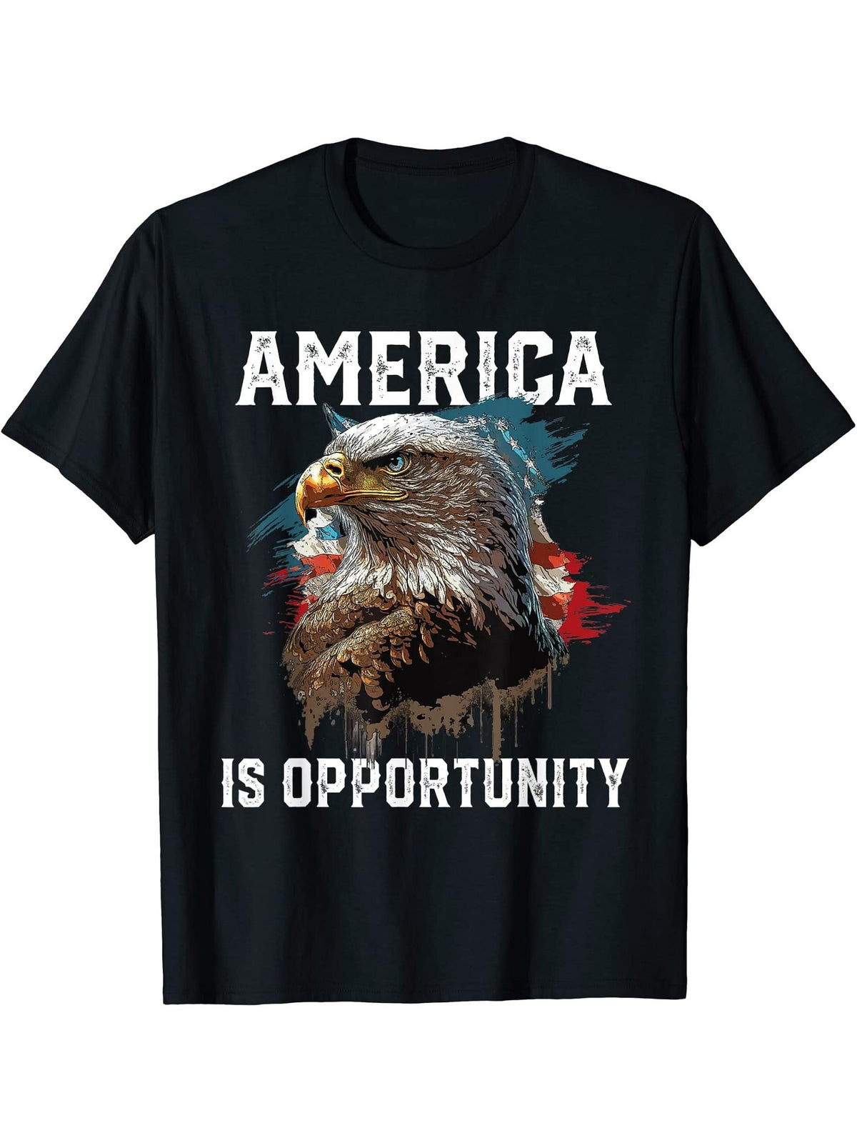 America Is Opportunity American Bald Eagle July 4 Patriotic T-Shirt 180G 100% Cotton Printed Round Neck Short-Sleeve T-Shirt, Gifts for Men Dad Husband Grandpa, S-XXXL, Black