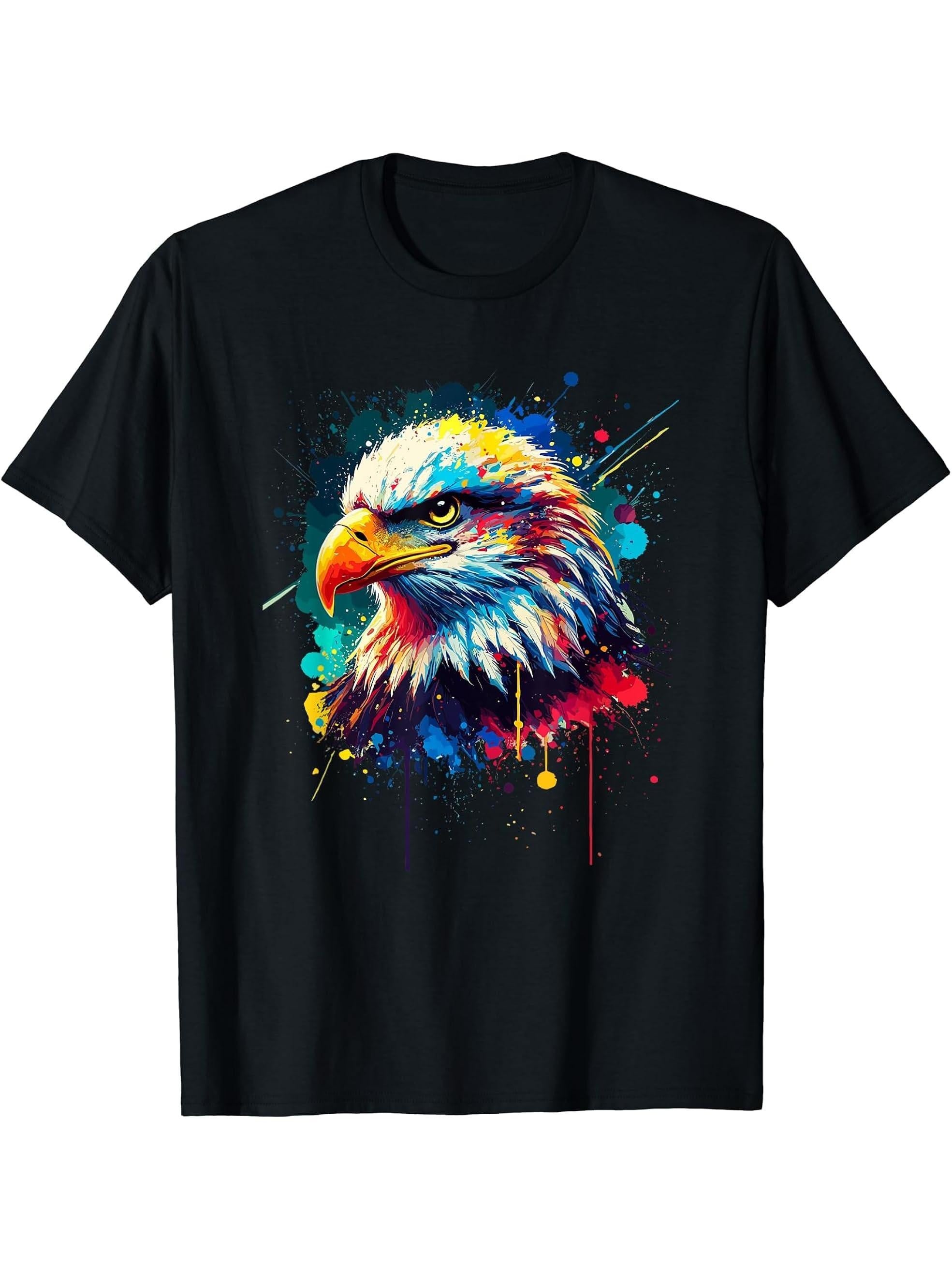 Colorful Splash Art Bald Eagle Bald Eagles T-Shirt 180G 100% Cotton Printed Round Neck Short-Sleeve T-Shirt, Gifts for Men Dad Husband Grandpa, S-XXXL, Black