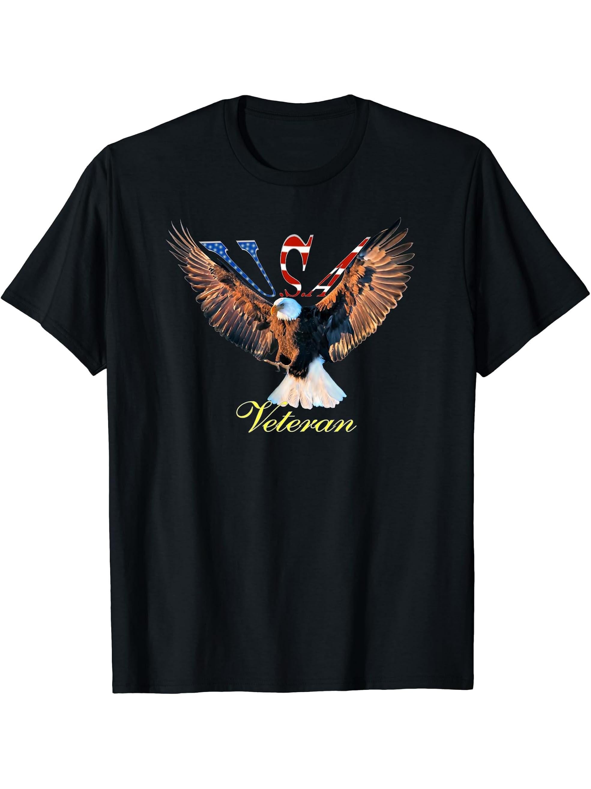 American veteran with bald eagle patriotic by Mortal Designs T-Shirt 180G 100% Cotton Printed Round Neck Short-Sleeve T-Shirt, Gifts for Men Dad Husband Grandpa, S-XXXL, Black