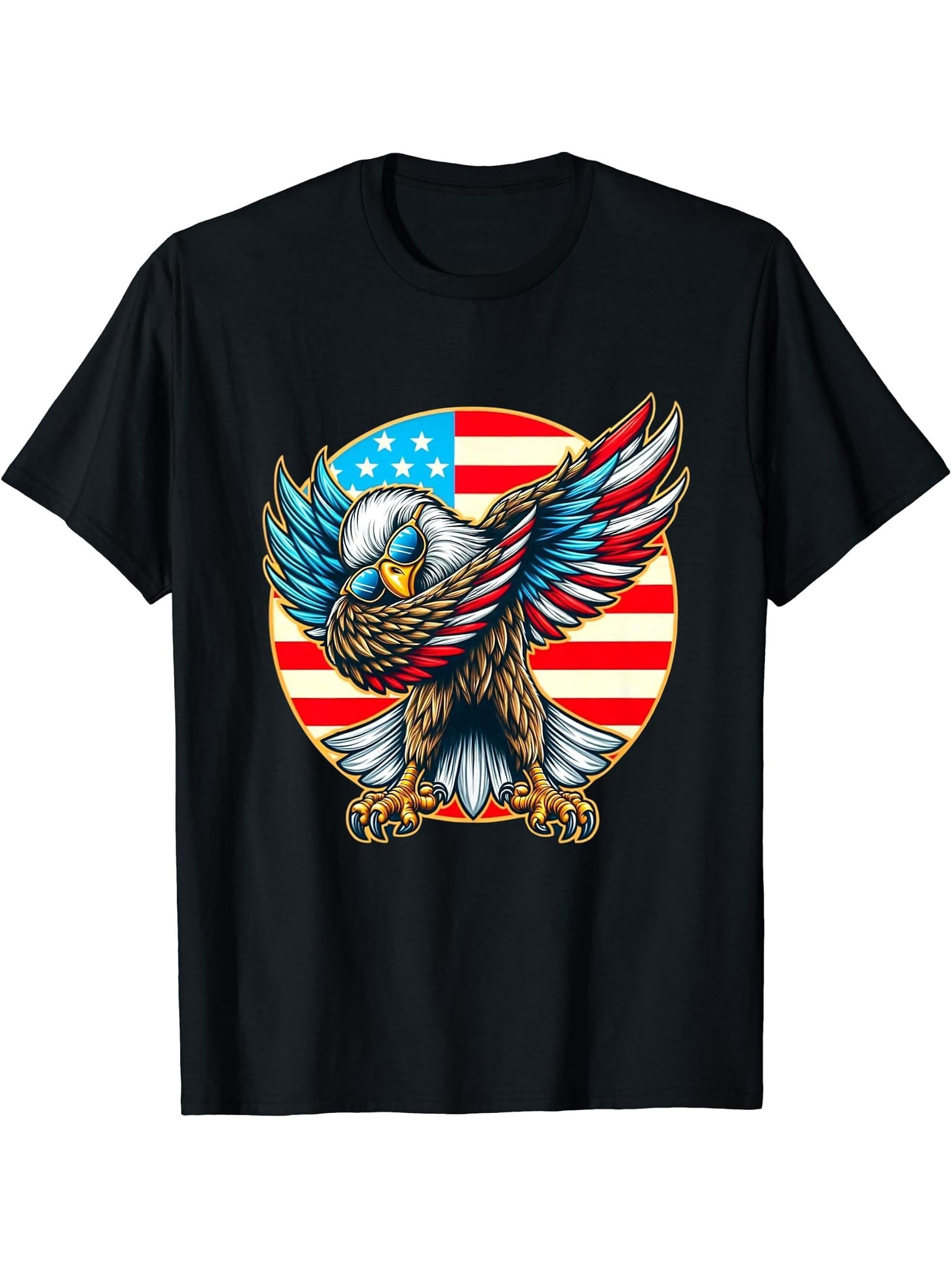 Dabbing Bald Eagle 4th Of July Patriotic American Flag T-Shirt 180G 100% Cotton Printed Round Neck Short-Sleeve T-Shirt, Gifts for Men Dad Husband Grandpa, S-XXXL, Black