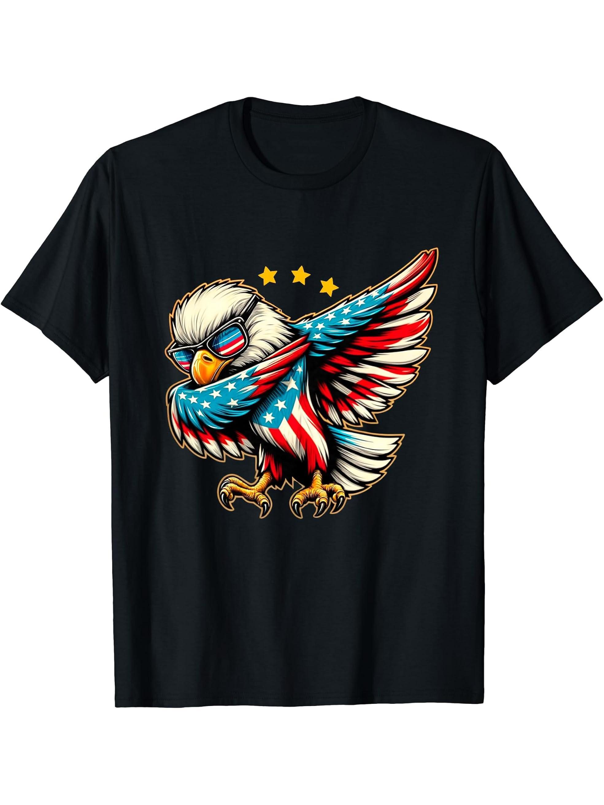 Dabbing Bald Eagle 4th Of July Patriotic American Flag T-Shirt 180G 100% Cotton Printed Round Neck Short-Sleeve T-Shirt, Gifts for Men Dad Husband Grandpa, S-XXXL, Black