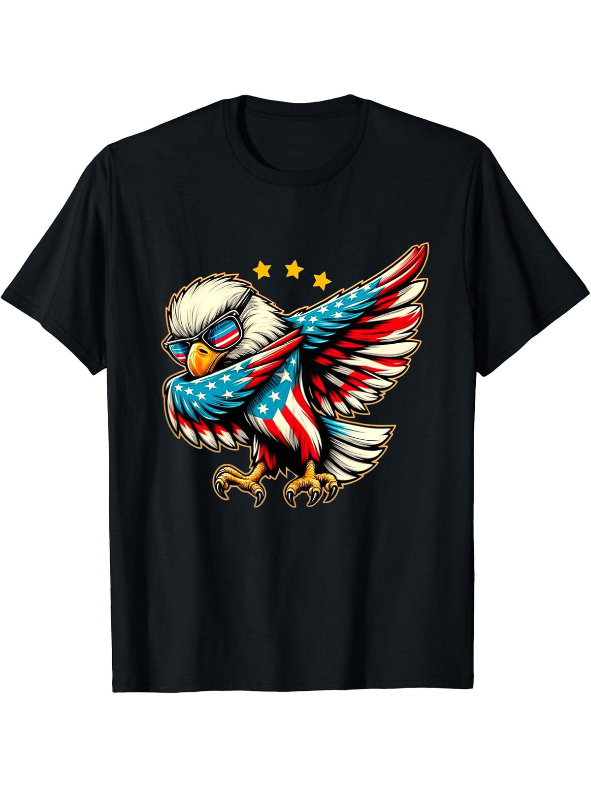 Dabbing Bald Eagle 4th Of July Patriotic American Flag T-Shirt 180G 100% Cotton Printed Round Neck Short-Sleeve T-Shirt, Gifts for Men Dad Husband Grandpa, S-XXXL, Black