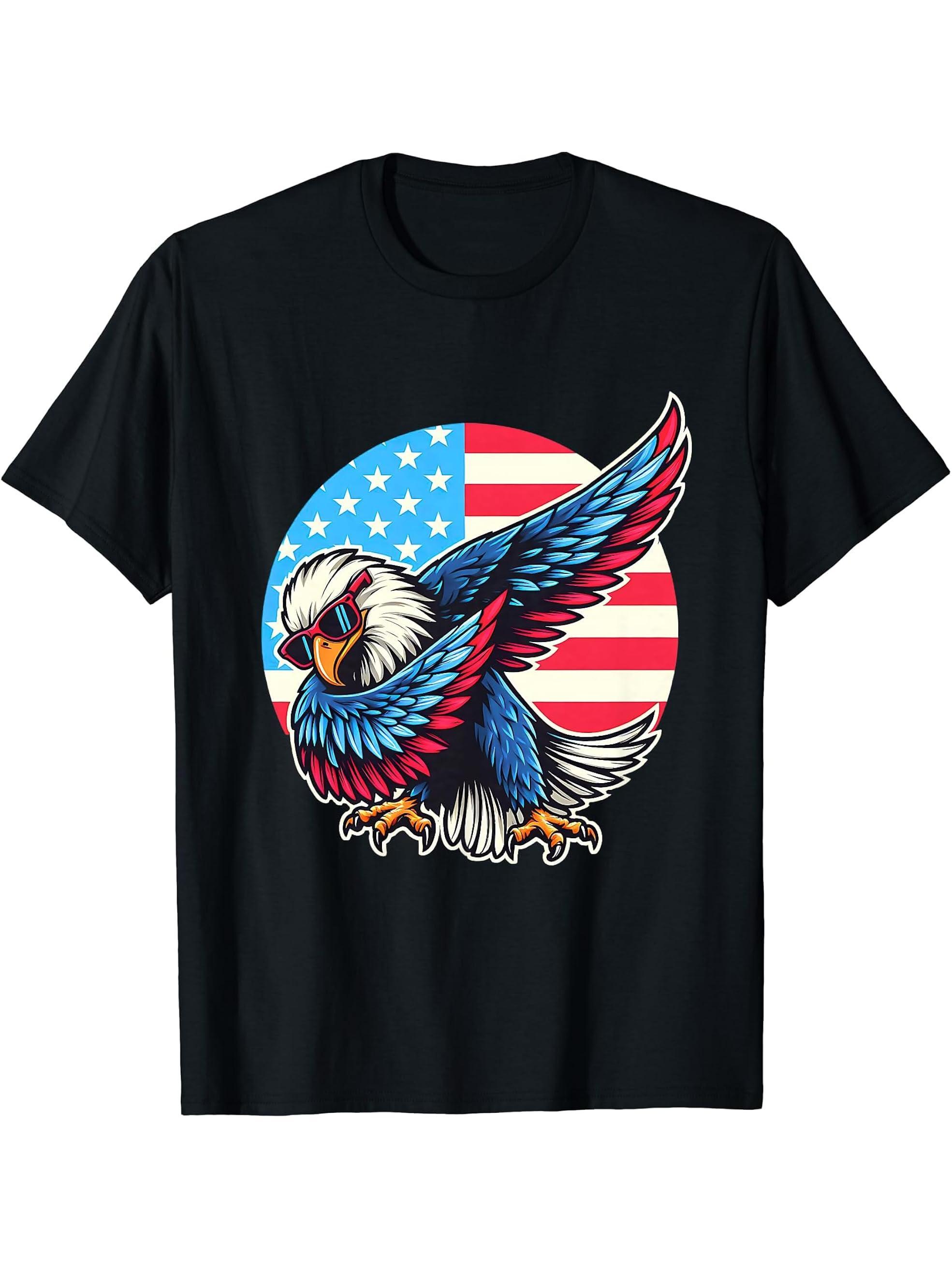 Dabbing Bald Eagle 4th Of July Patriotic American Flag T-Shirt 180G 100% Cotton Printed Round Neck Short-Sleeve T-Shirt, Gifts for Men Dad Husband Grandpa, S-XXXL, Black