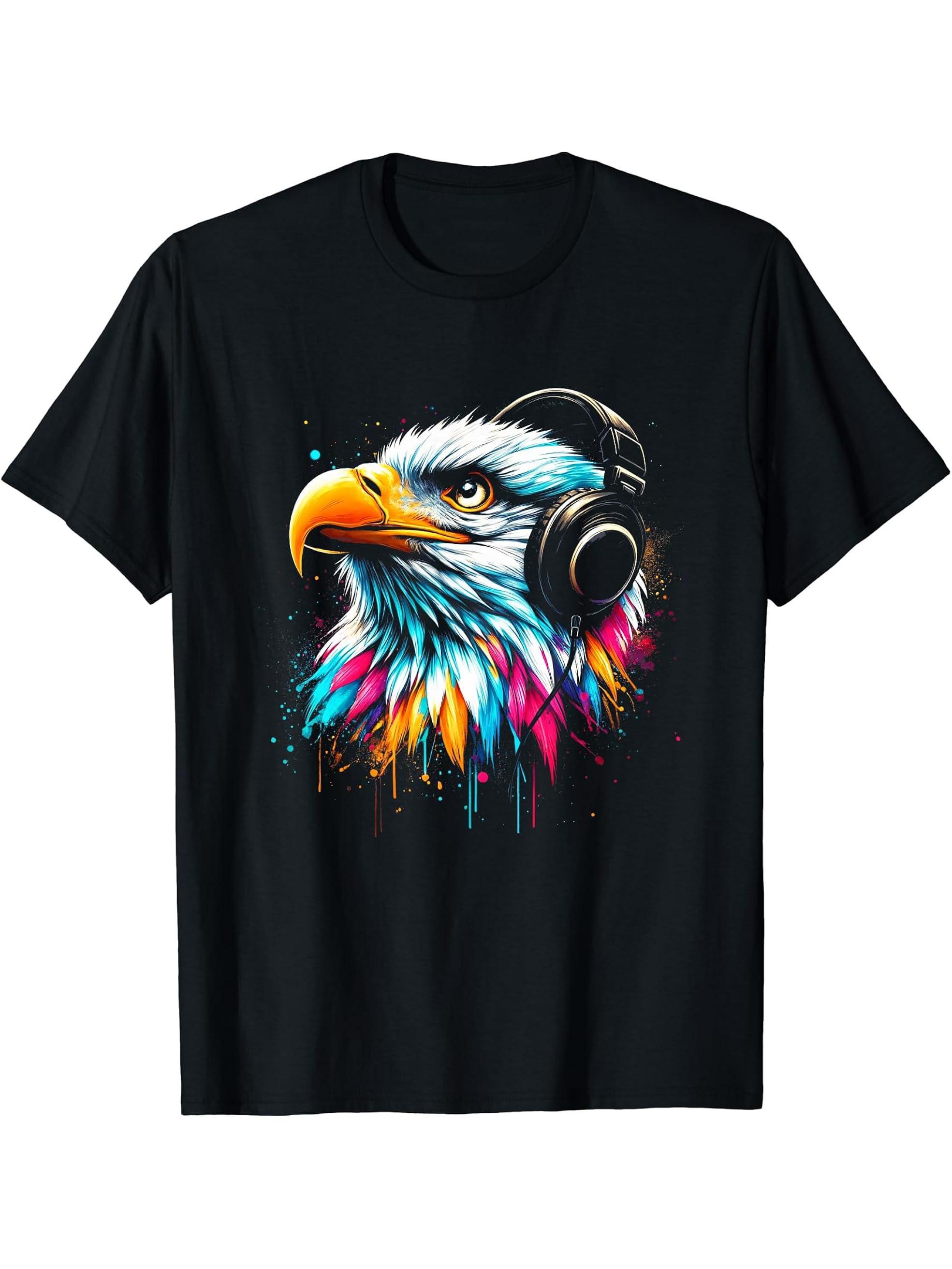 Cool Bald Eagle Art for Music Lovers Christmas Birthday T-Shirt 180G 100% Cotton Printed Round Neck Short-Sleeve T-Shirt, Gifts for Men Dad Husband Grandpa, S-XXXL, Black