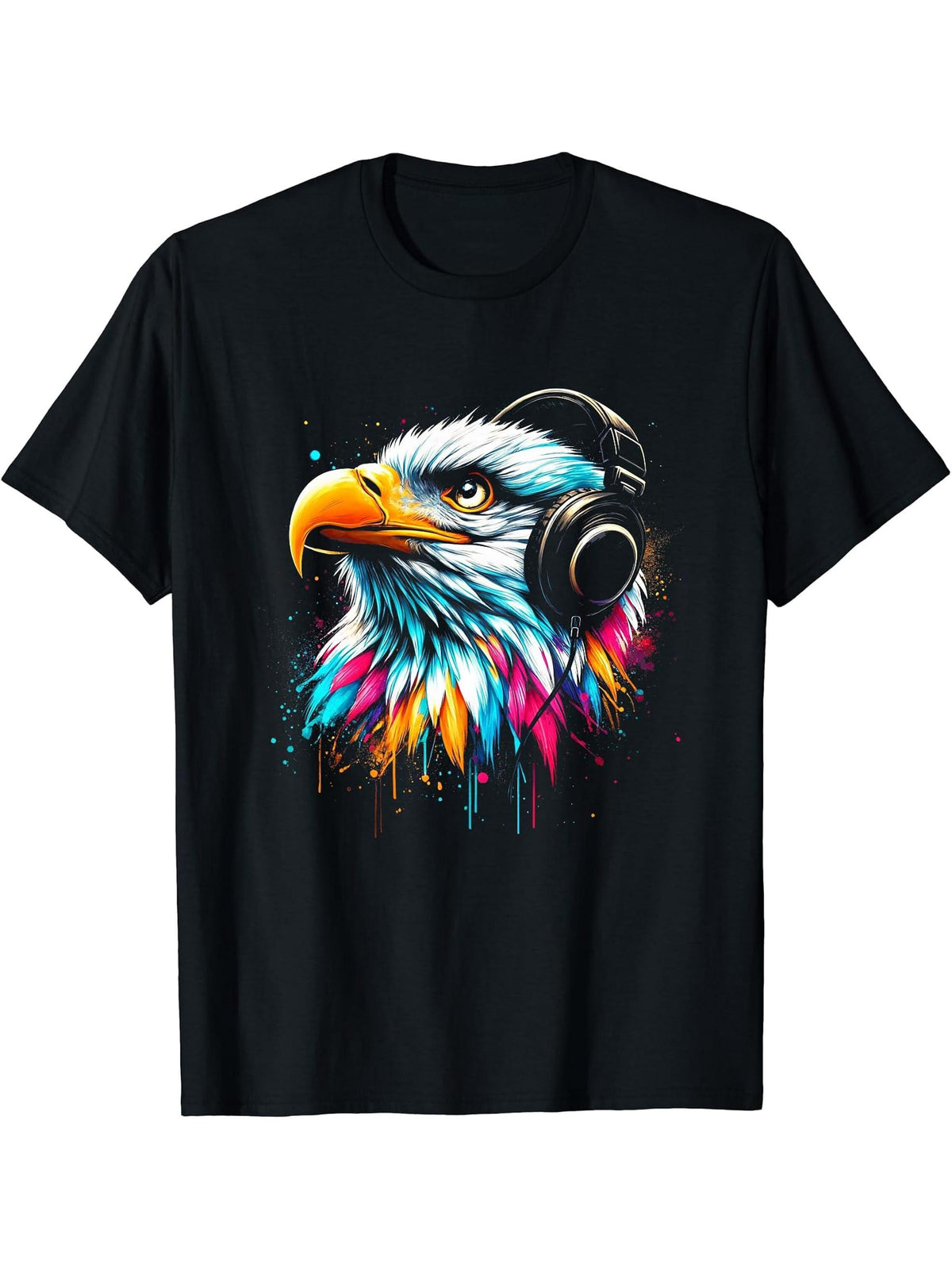 Cool Bald Eagle Art for Music Lovers Christmas Birthday T-Shirt 180G 100% Cotton Printed Round Neck Short-Sleeve T-Shirt, Gifts for Men Dad Husband Grandpa, S-XXXL, Black
