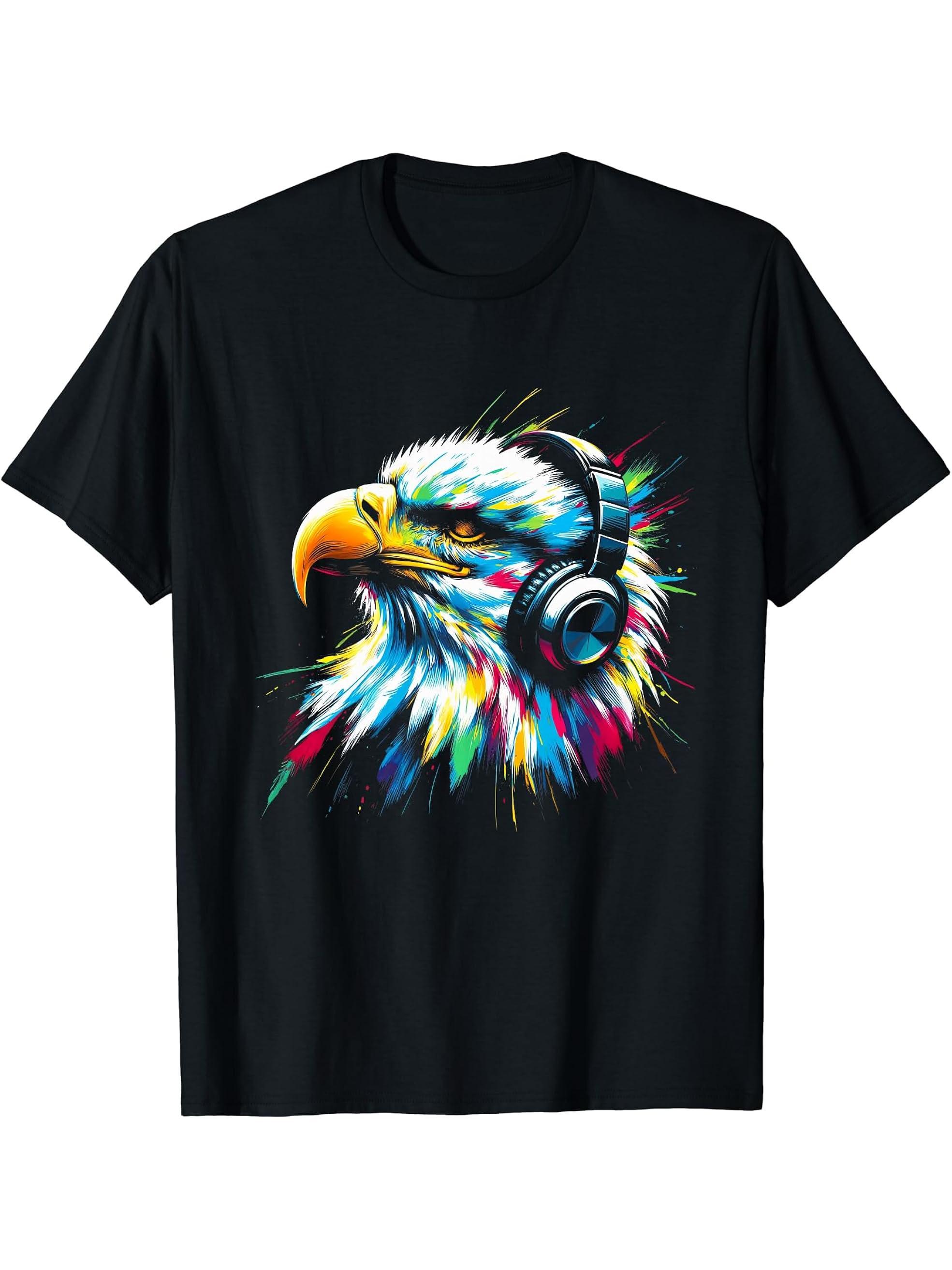 Cool Bald Eagle Art for Music Lovers Christmas Birthday T-Shirt 180G 100% Cotton Printed Round Neck Short-Sleeve T-Shirt, Gifts for Men Dad Husband Grandpa, S-XXXL, Black
