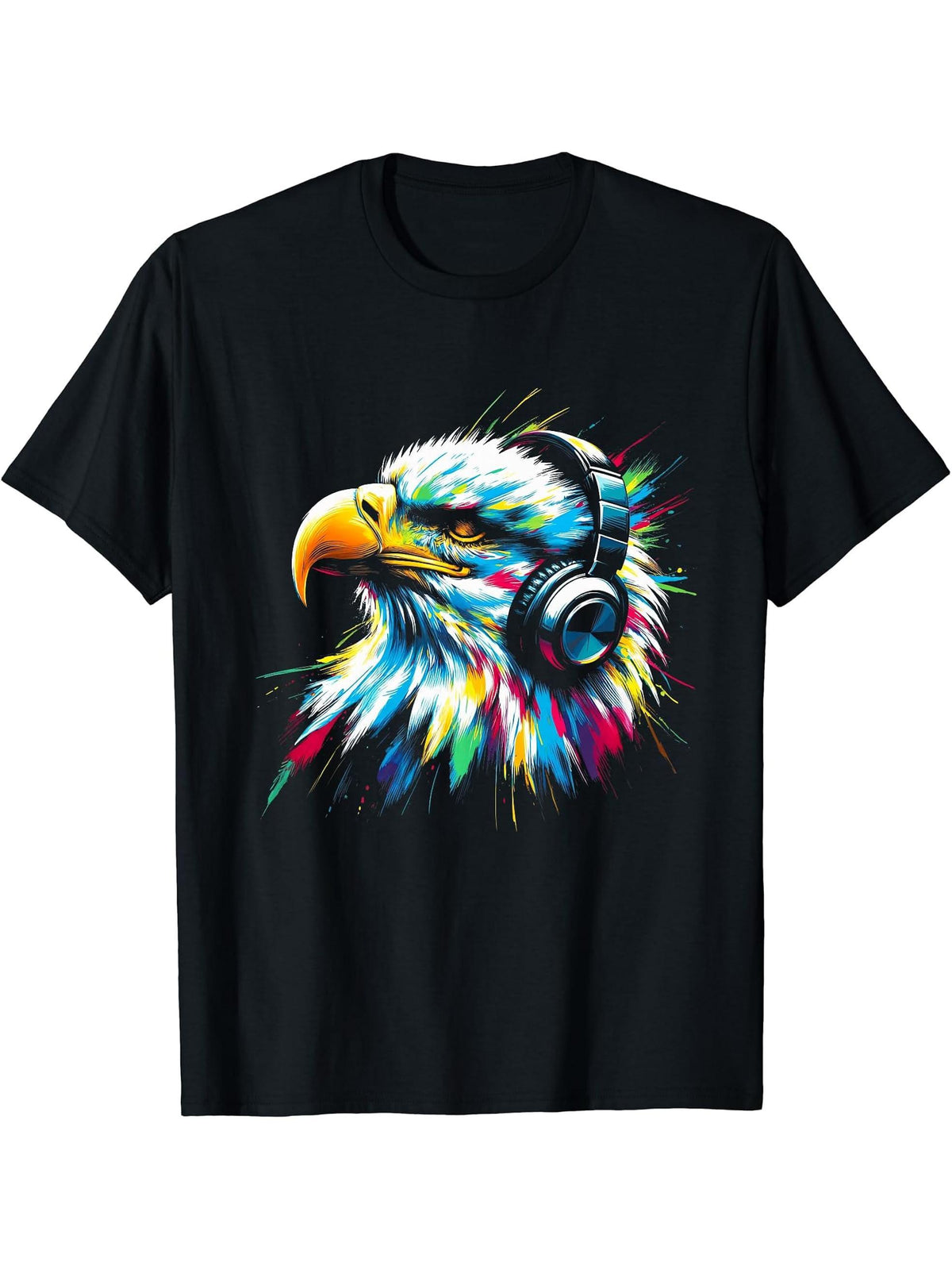 Cool Bald Eagle Art for Music Lovers Christmas Birthday T-Shirt 180G 100% Cotton Printed Round Neck Short-Sleeve T-Shirt, Gifts for Men Dad Husband Grandpa, S-XXXL, Black