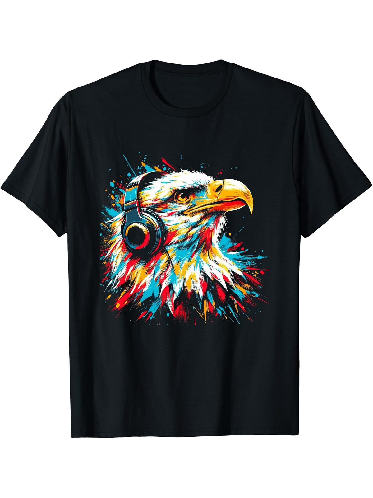 Cool Bald Eagle Art for Music Lovers Christmas Birthday T-Shirt 180G 100% Cotton Printed Round Neck Short-Sleeve T-Shirt, Gifts for Men Dad Husband Grandpa, S-XXXL, Black