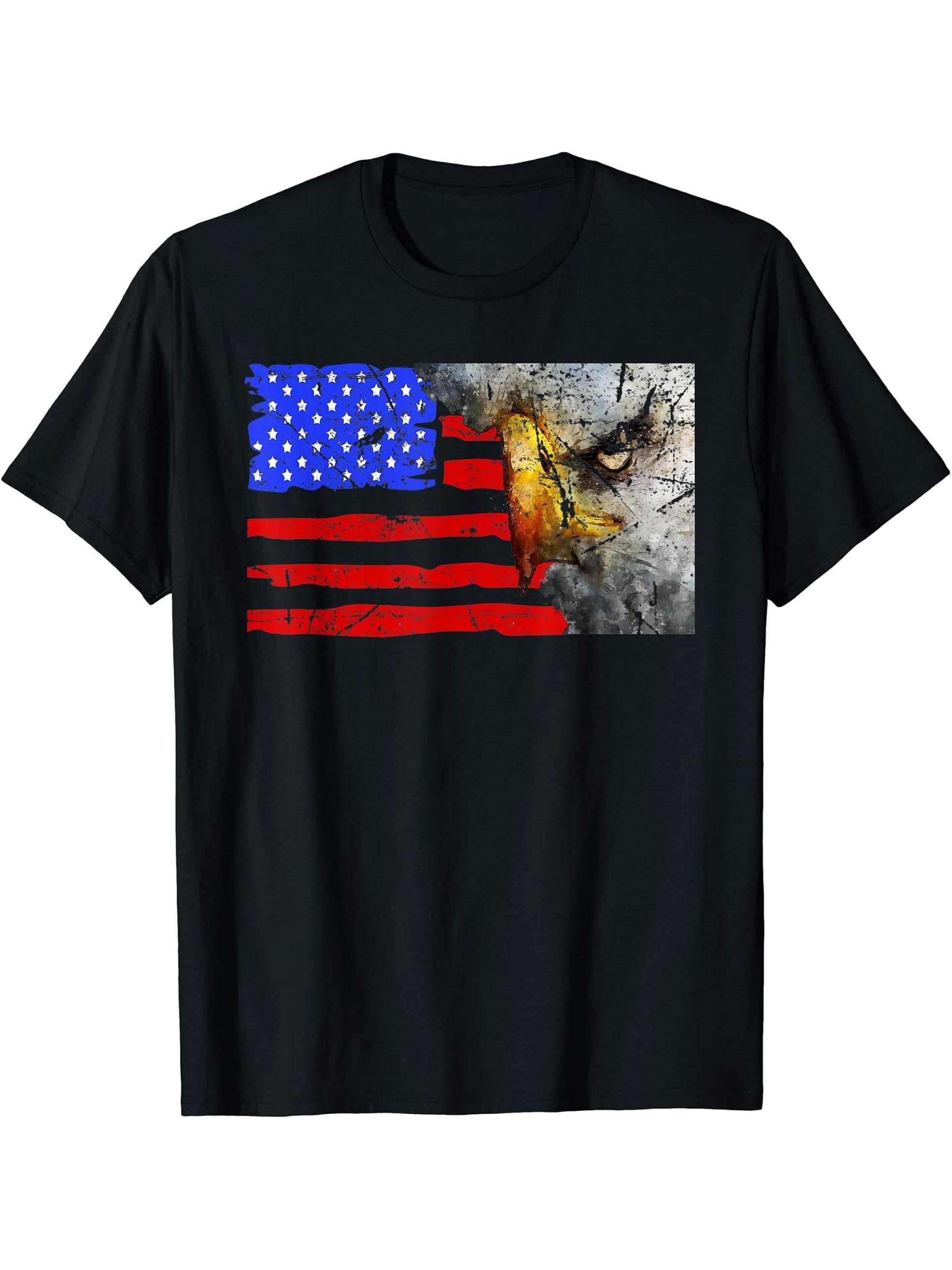 Bald Eagle 4th of July US American Flag Country Patriotic T-Shirt 180G 100% Cotton Printed Round Neck Short-Sleeve T-Shirt, Gifts for Men Dad Husband Grandpa, S-XXXL, Black