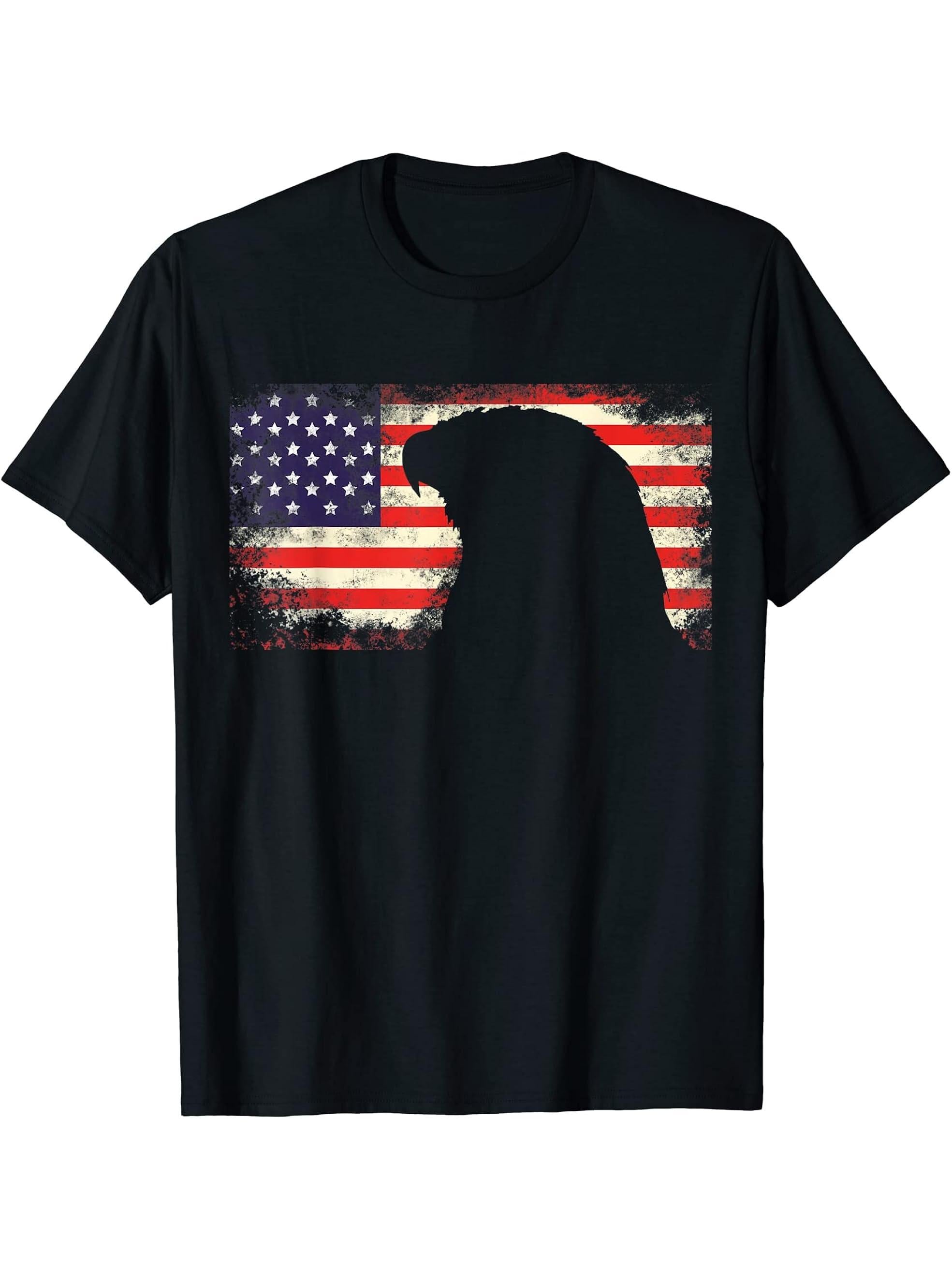 Bald Eagle American Flag Patriotic USA Flag T-Shirt 180G 100% Cotton Printed Round Neck Short-Sleeve T-Shirt, Gifts for Men Dad Husband Grandpa, S-XXXL, Black