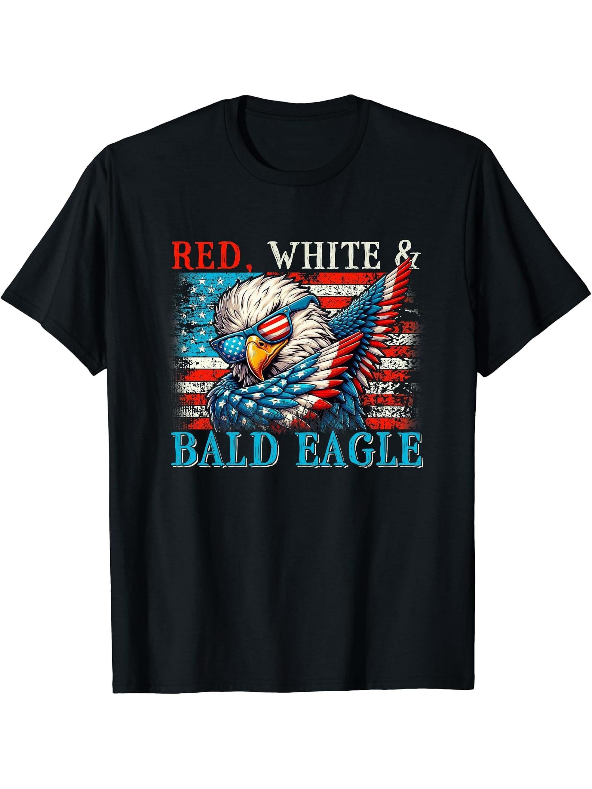 American Flag 4th of July Red White & Bald Eagle Dabbing T-Shirt 180G 100% Cotton Printed Round Neck Short-Sleeve T-Shirt, Gifts for Men Dad Husband Grandpa, S-XXXL, Black