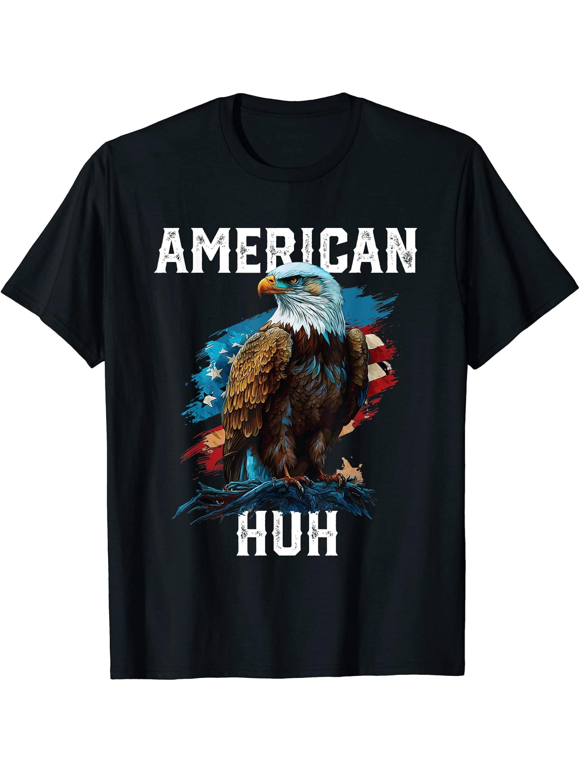 American Huh USA Flag Patriotic American Bald Eagle T-Shirt 180G 100% Cotton Printed Round Neck Short-Sleeve T-Shirt, Gifts for Men Dad Husband Grandpa, S-XXXL, Black