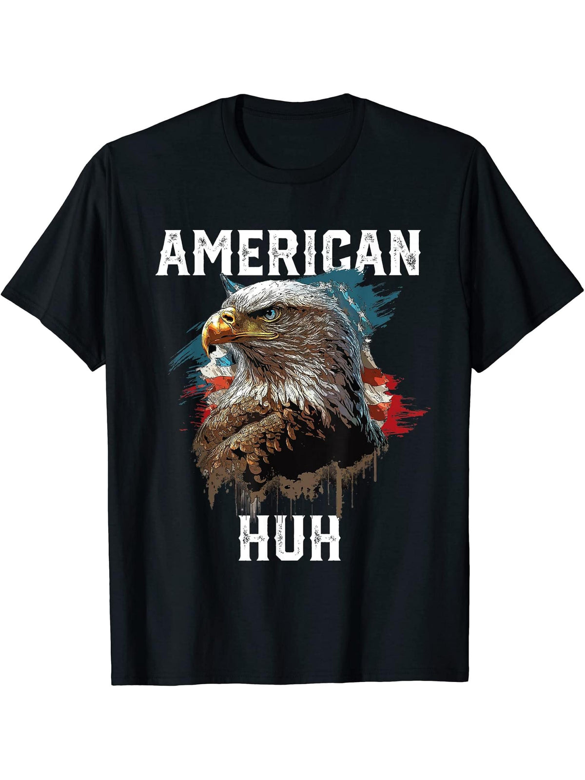 American Huh USA Flag Patriotic American Bald Eagle T-Shirt 180G 100% Cotton Printed Round Neck Short-Sleeve T-Shirt, Gifts for Men Dad Husband Grandpa, S-XXXL, Black