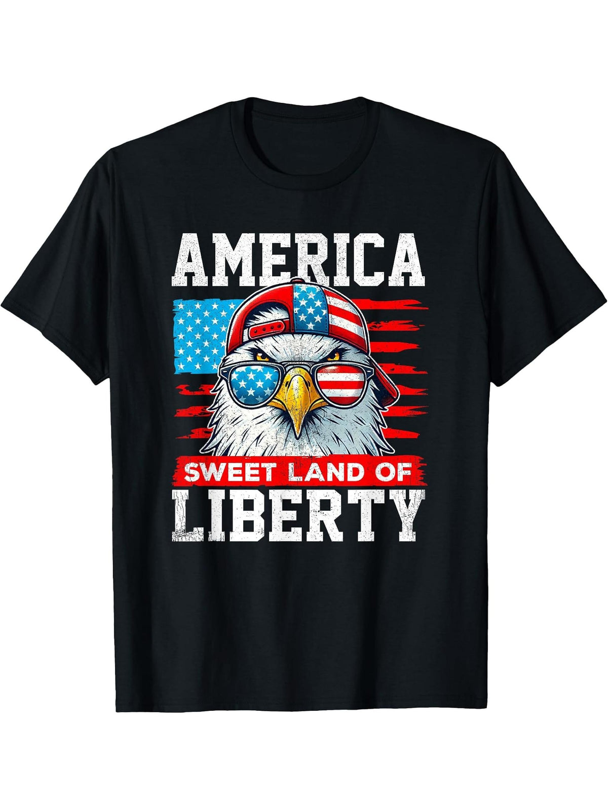 America Sweet Land of Liberty US Flag Cool Bald Eagle USA T-Shirt 180G 100% Cotton Printed Round Neck Short-Sleeve T-Shirt, Gifts for Men Dad Husband Grandpa, S-XXXL, Black