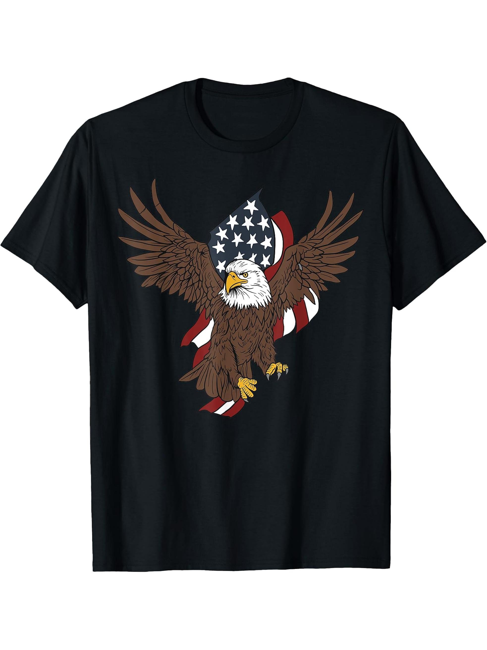Bald Eagle American Flag Patriotic Graphics Bundle T-Shirt 180G 100% Cotton Printed Round Neck Short-Sleeve T-Shirt, Gifts for Men Dad Husband Grandpa, S-XXXL, Black