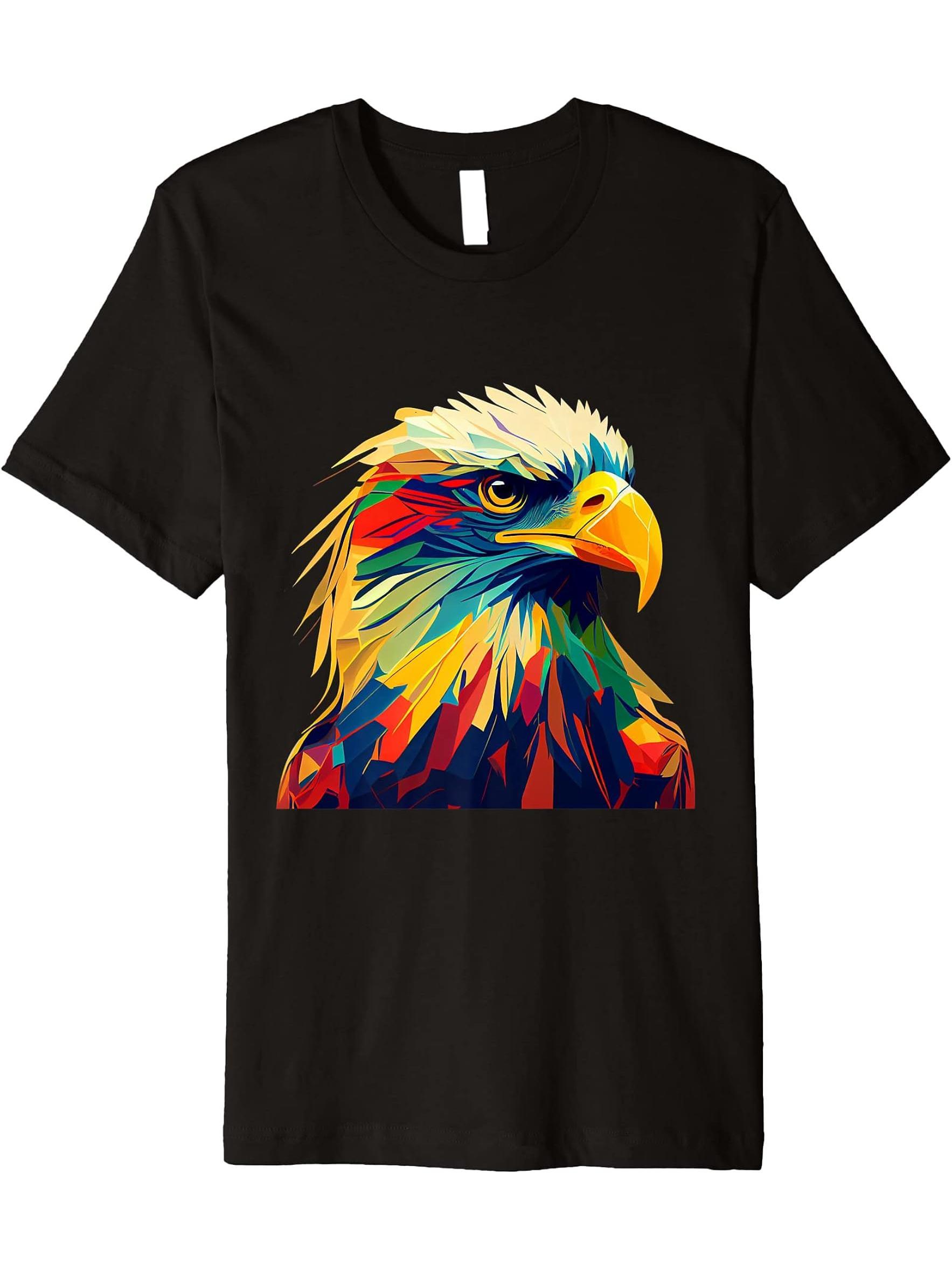 American Bald Eagle Design Colorful Pop Art Bald Eagle Lover Premium T-Shirt 180G 100% Cotton Printed Round Neck Short-Sleeve T-Shirt, Gifts for Men Dad Husband Grandpa, S-XXXL, Black