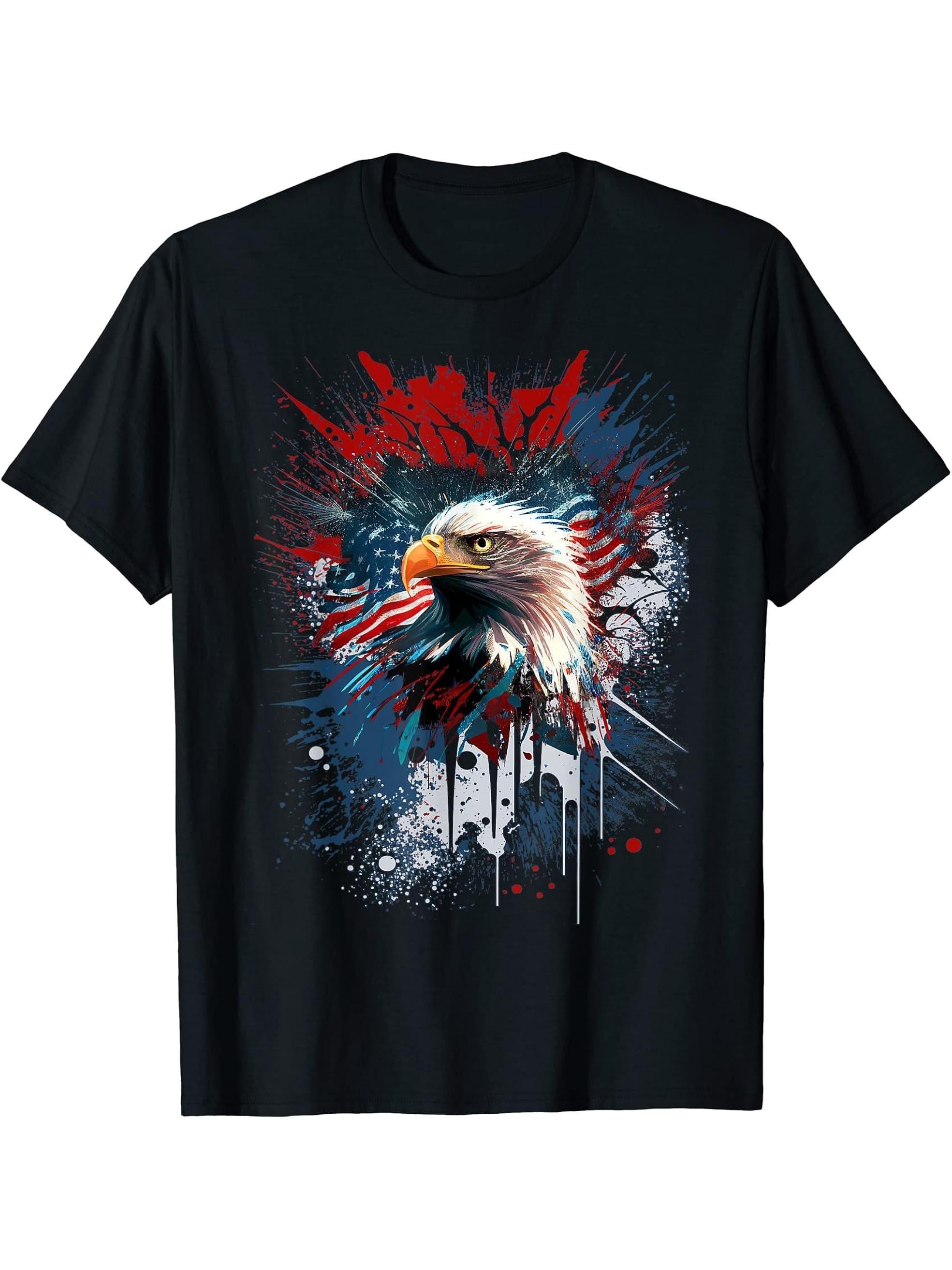 American Flag Bald Eagle Patriotic 4th of July Fourth USA T-Shirt 180G 100% Cotton Printed Round Neck Short-Sleeve T-Shirt, Gifts for Men Dad Husband Grandpa, S-XXXL, Black