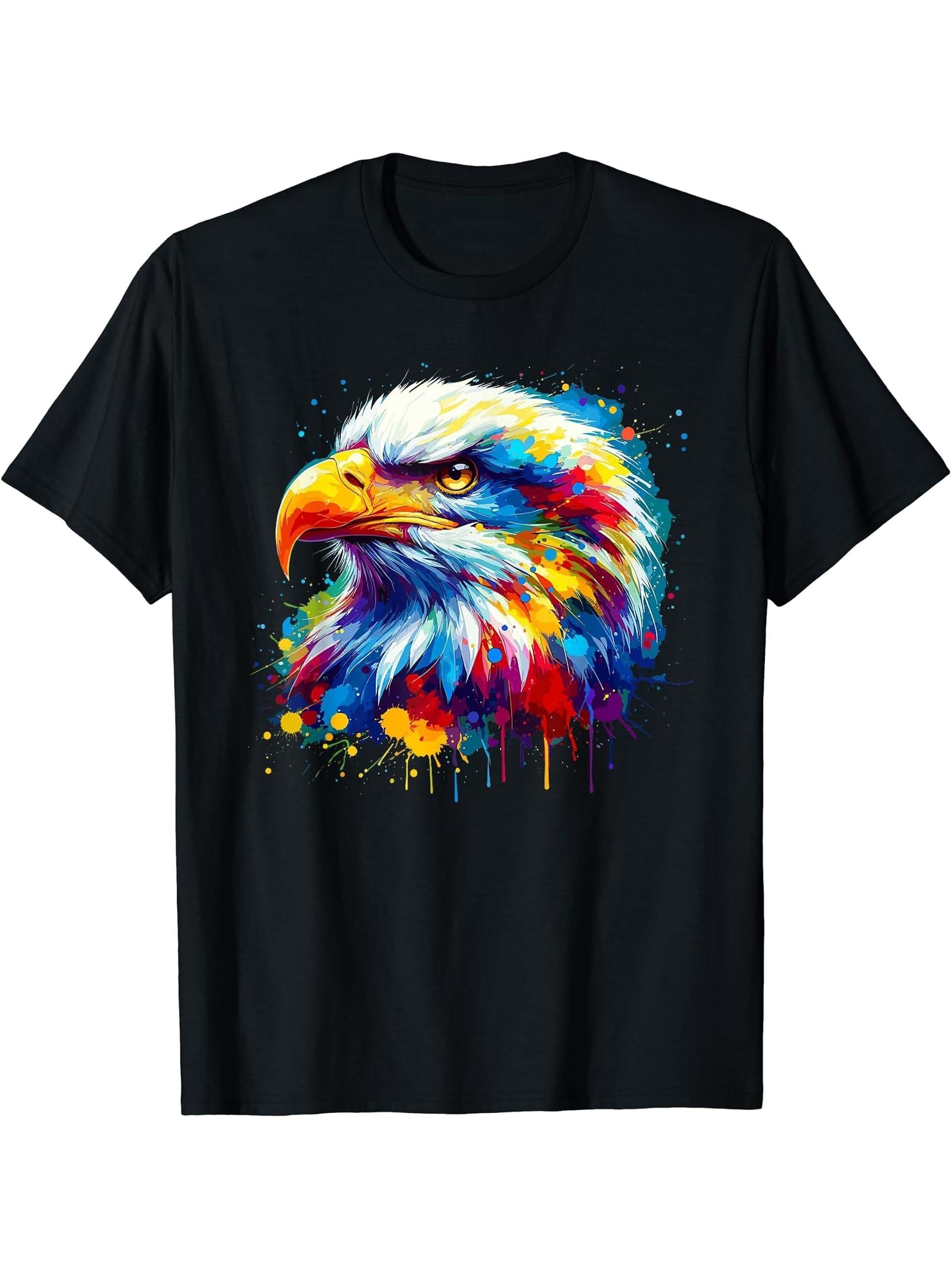 Colorful Splash Art Bald Eagle Bald Eagles T-Shirt 180G 100% Cotton Printed Round Neck Short-Sleeve T-Shirt, Gifts for Men Dad Husband Grandpa, S-XXXL, Black