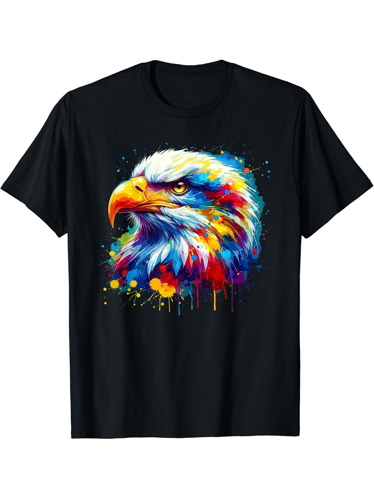 Colorful Splash Art Bald Eagle Bald Eagles T-Shirt 180G 100% Cotton Printed Round Neck Short-Sleeve T-Shirt, Gifts for Men Dad Husband Grandpa, S-XXXL, Black