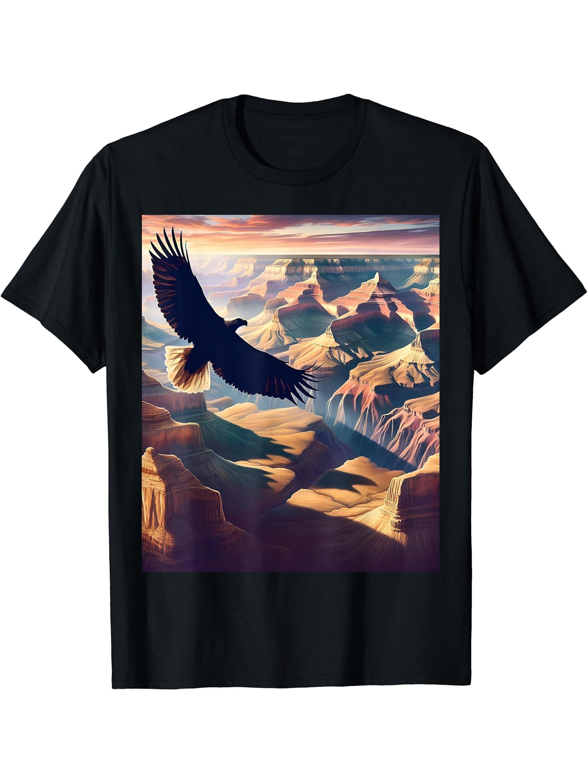 Bald Eagle Over Grand Canyon T-Shirt 180G 100% Cotton Printed Round Neck Short-Sleeve T-Shirt, Gifts for Men Dad Husband Grandpa, S-XXXL, Black