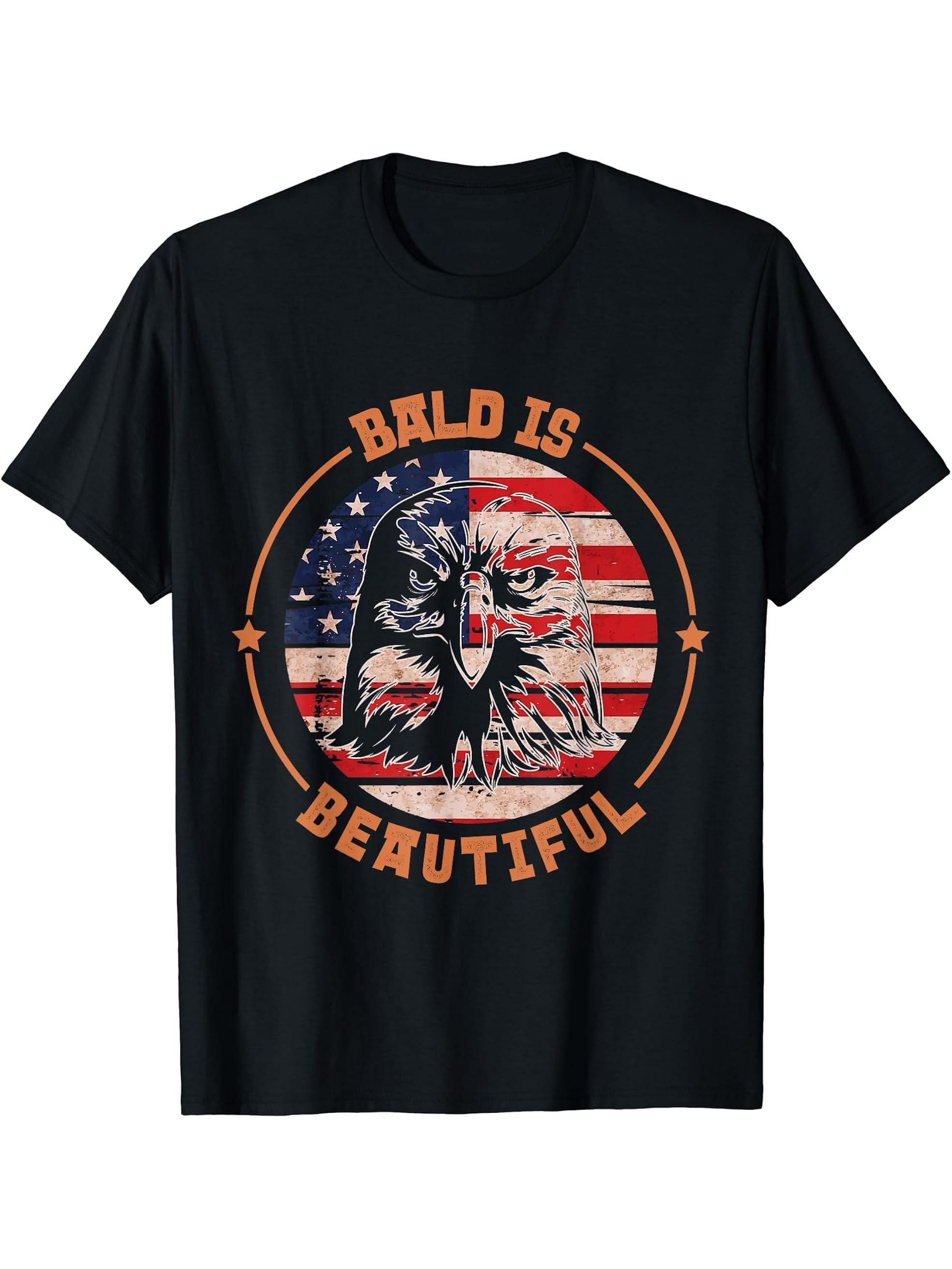 Bald Is Beautiful Patriotic Funny America Bald Eagle T-Shirt 180G 100% Cotton Printed Round Neck Short-Sleeve T-Shirt, Gifts for Men Dad Husband Grandpa, S-XXXL, Black