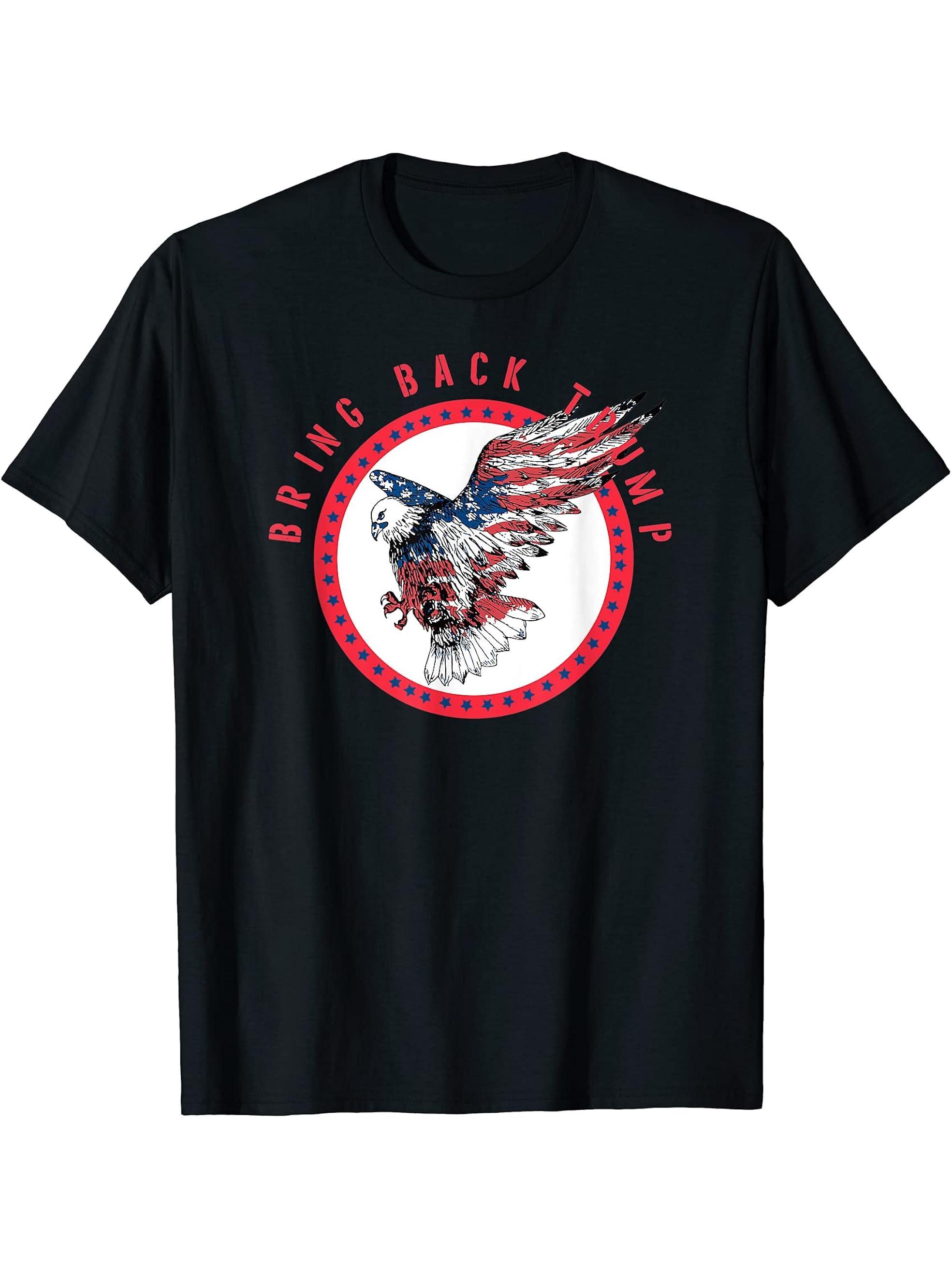 Bring Back Trump Patriotic American Bald Eagle Flag Grunge T-Shirt 180G 100% Cotton Printed Round Neck Short-Sleeve T-Shirt, Gifts for Men Dad Husband Grandpa, S-XXXL, Black