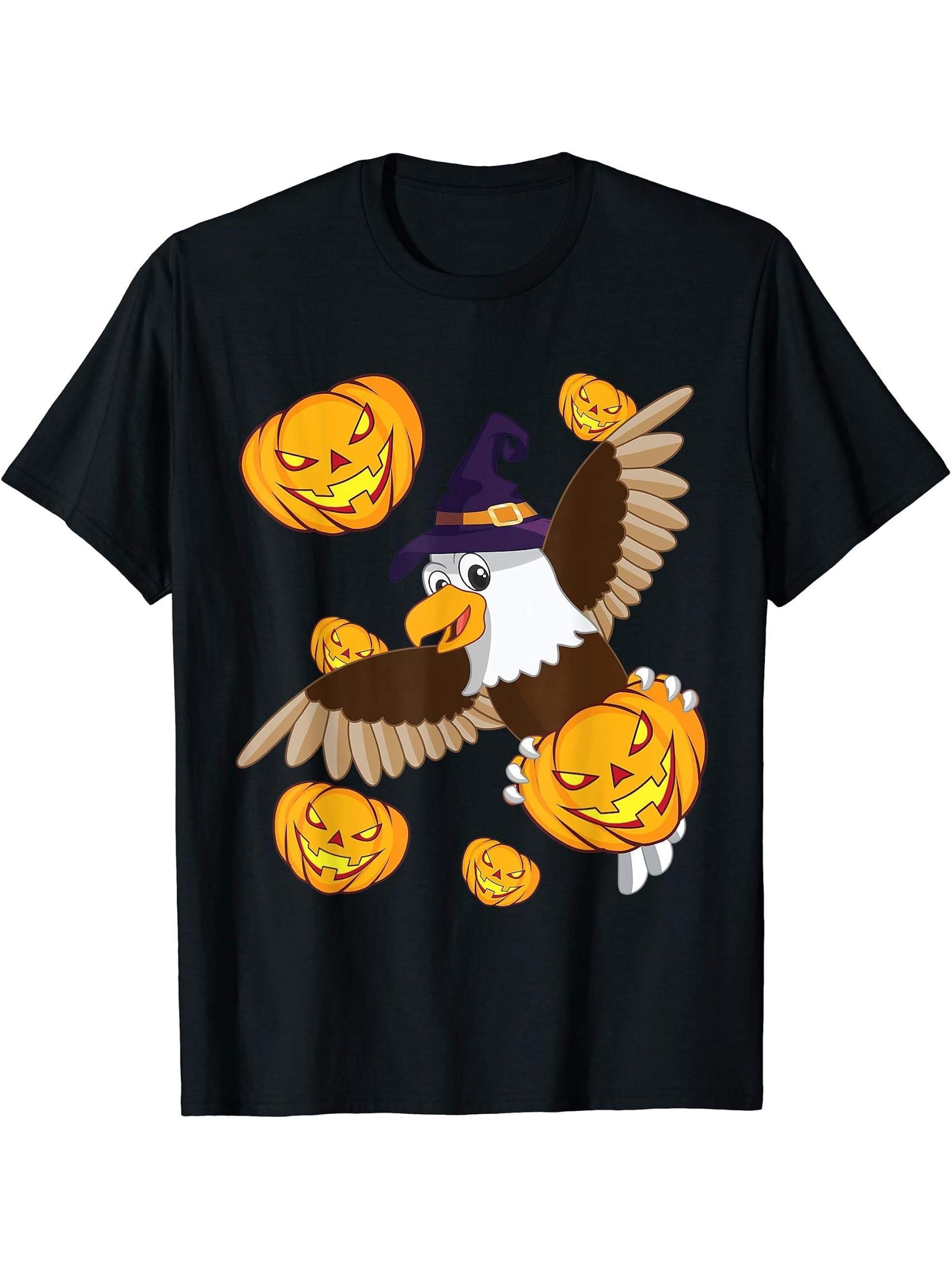 American Bald Eagle Witch Halloween Gift with Pumpkins T-Shirt 180G 100% Cotton Printed Round Neck Short-Sleeve T-Shirt, Gifts for Men Dad Husband Grandpa, S-XXXL, Black