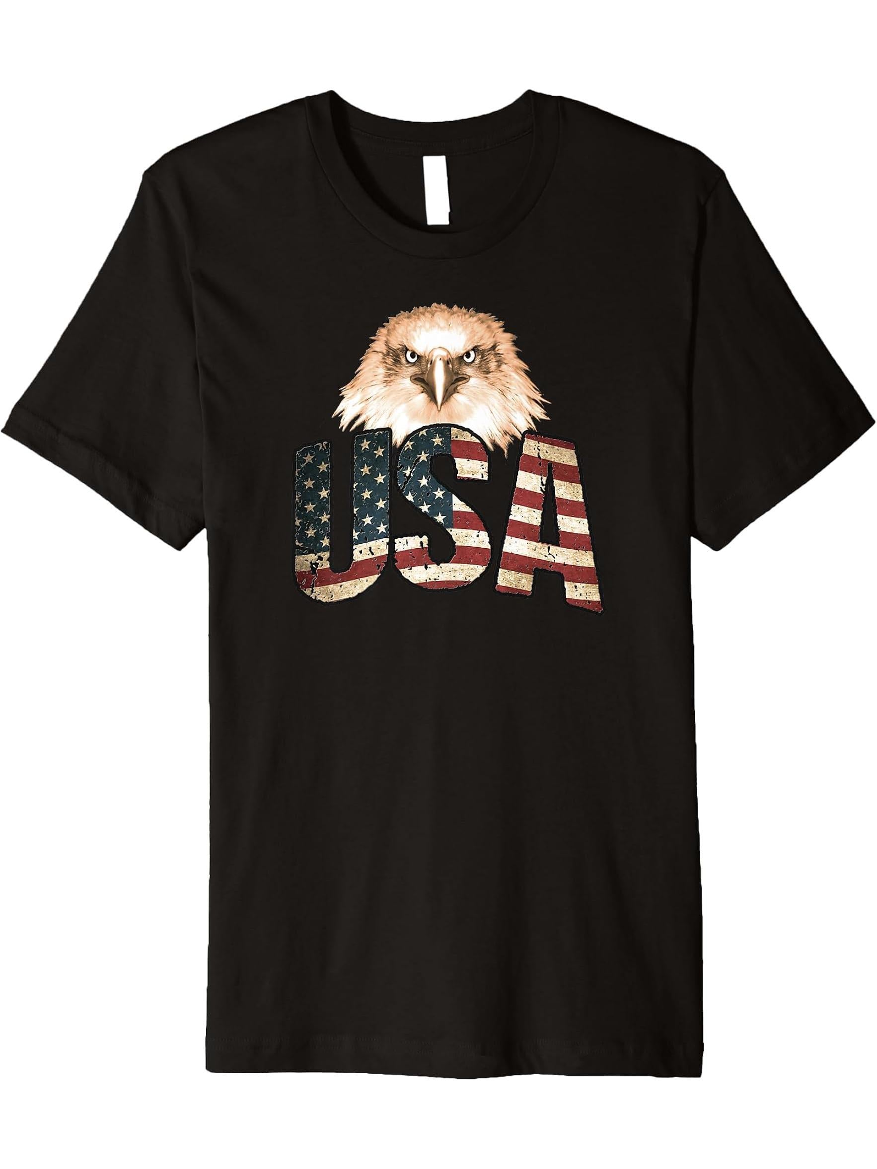 American Flag Patriotic Bald Eagle USA Premium T-Shirt 180G 100% Cotton Printed Round Neck Short-Sleeve T-Shirt, Gifts for Men Dad Husband Grandpa, S-XXXL, Black