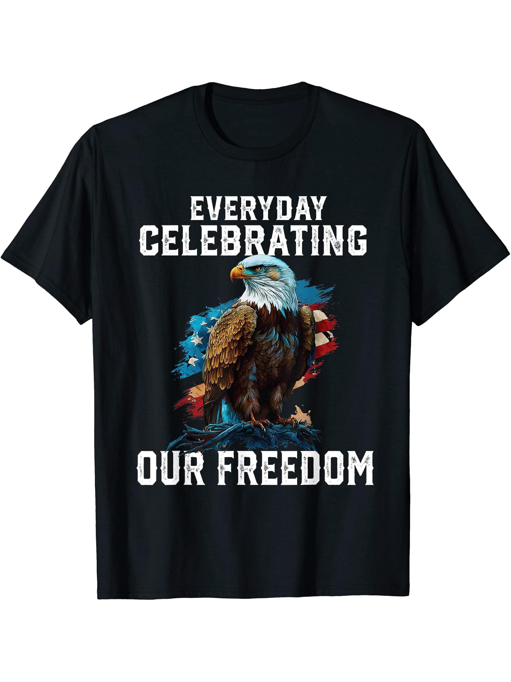 Everyday Celebrating Our Freedom American Bald Eagle T-Shirt 180G 100% Cotton Printed Round Neck Short-Sleeve T-Shirt, Gifts for Men Dad Husband Grandpa, S-XXXL, Black