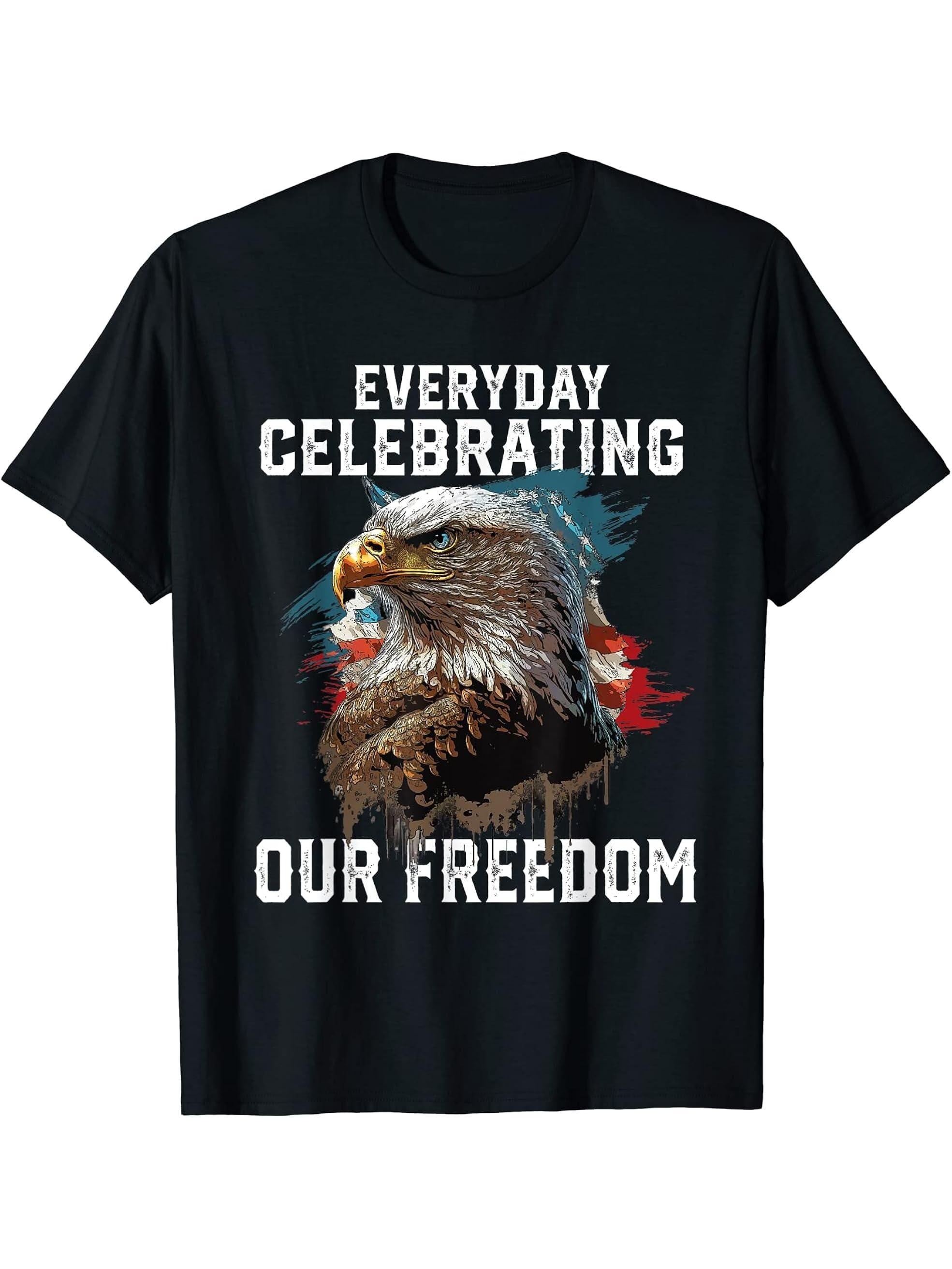 Everyday Celebrating Our Freedom American Bald Eagle T-Shirt 180G 100% Cotton Printed Round Neck Short-Sleeve T-Shirt, Gifts for Men Dad Husband Grandpa, S-XXXL, Black