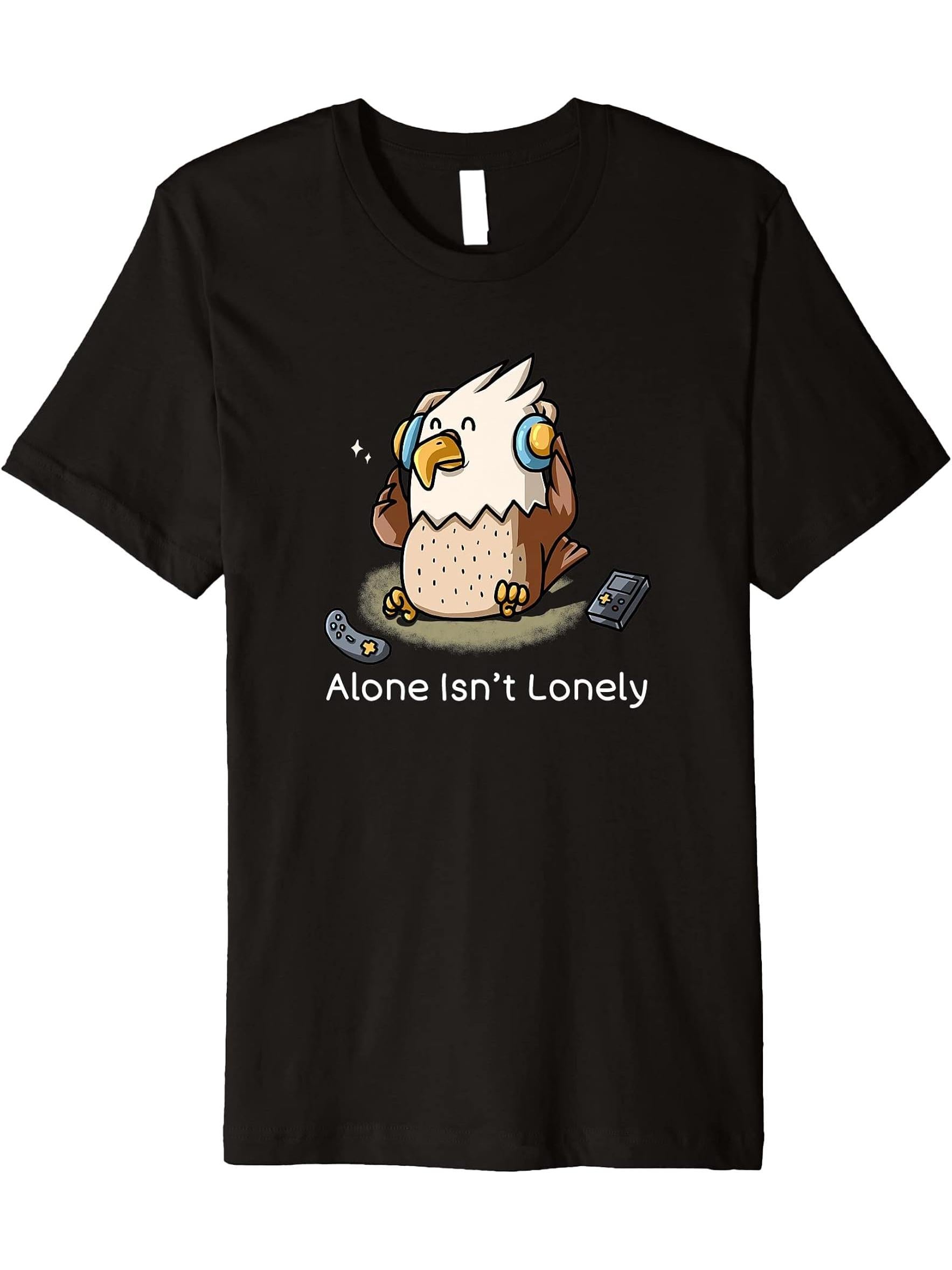 Alone Isn't Lonely Nerd American Bald Eagle Introvert Geek Premium T-Shirt 180G 100% Cotton Printed Round Neck Short-Sleeve T-Shirt, Gifts for Men Dad Husband Grandpa, S-XXXL, Black