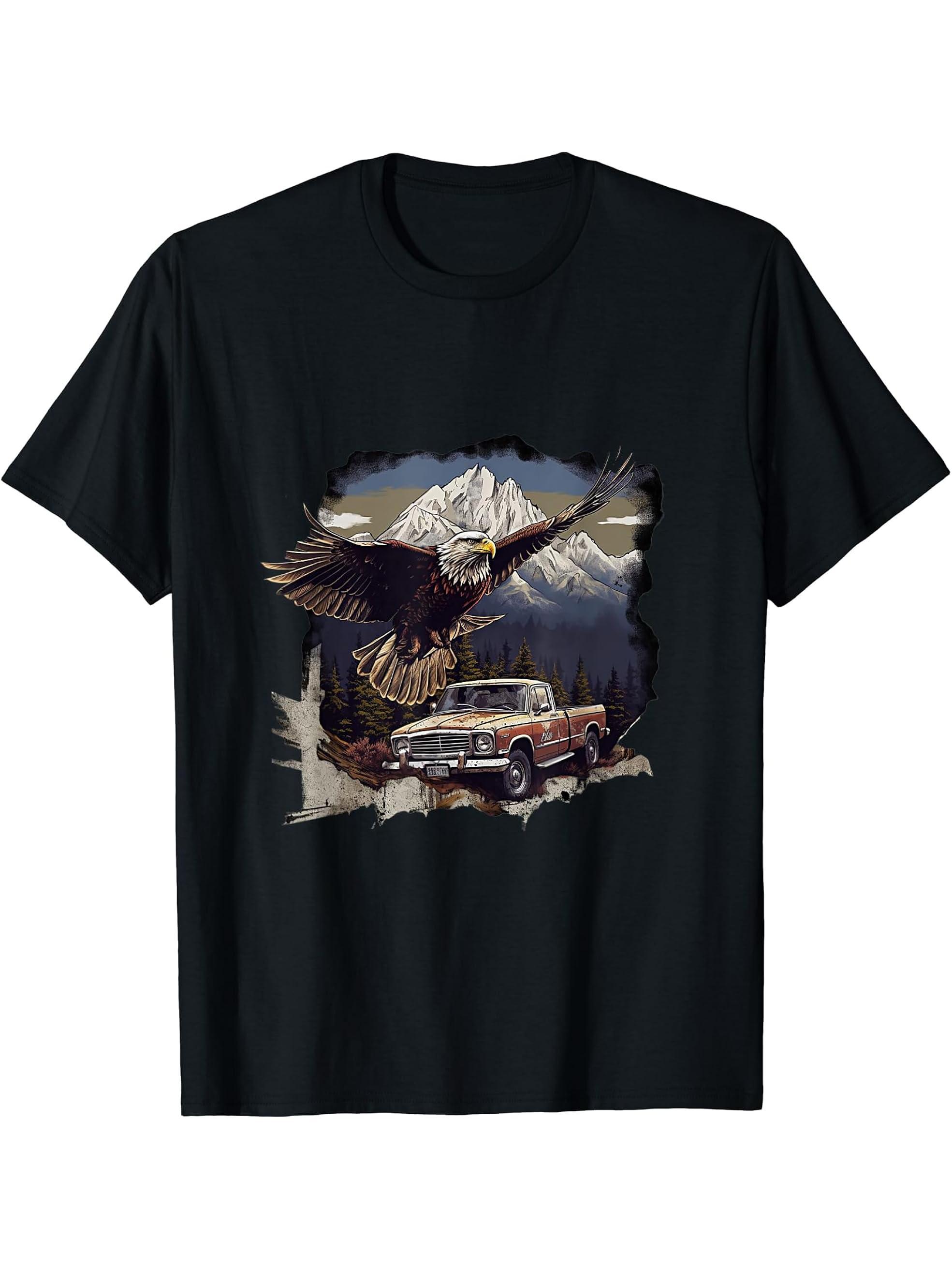 Bald Eagle With Classic Pickup Truck In The Mountains T-Shirt 180G 100% Cotton Printed Round Neck Short-Sleeve T-Shirt, Gifts for Men Dad Husband Grandpa, S-XXXL, Black