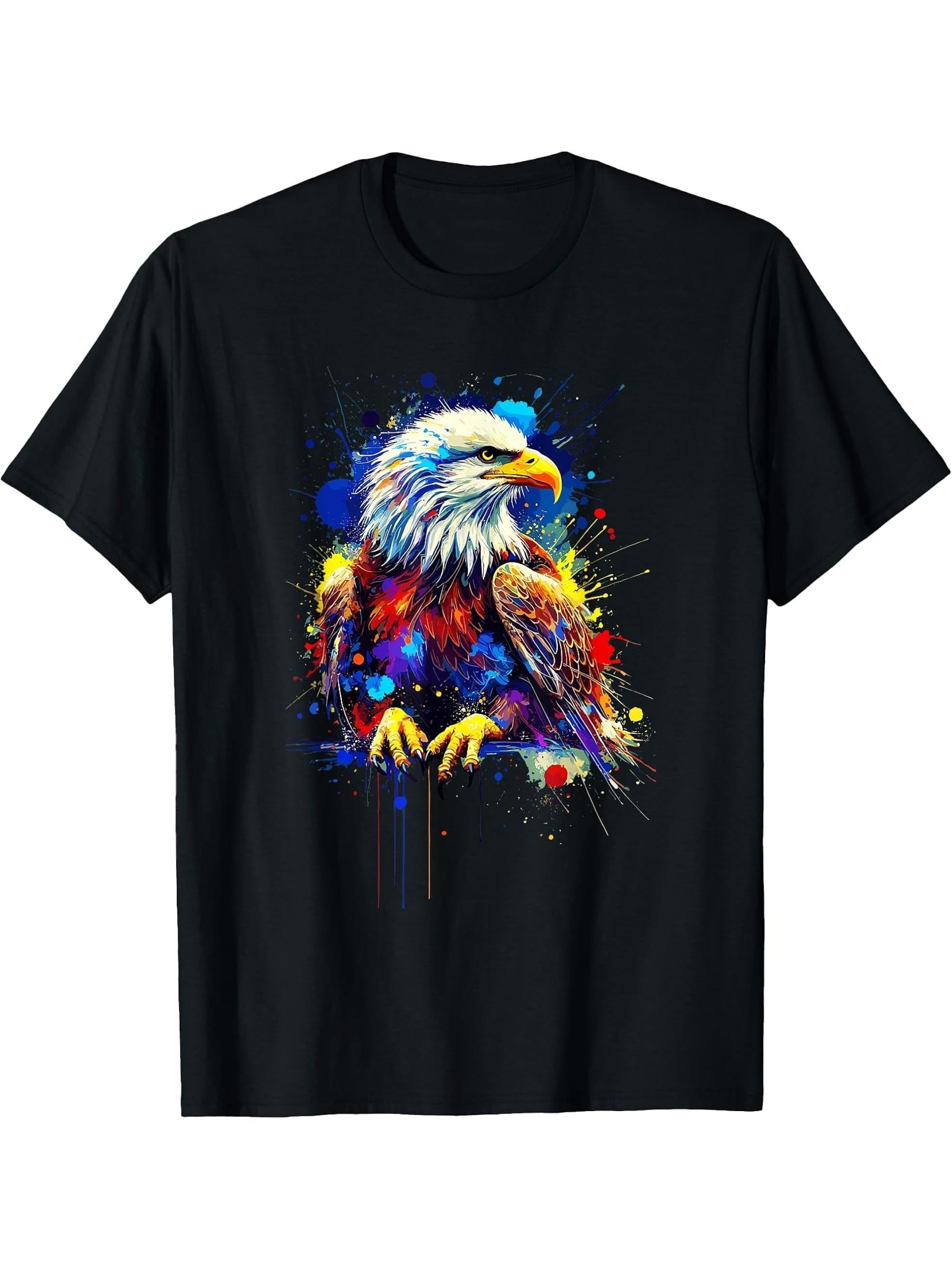 Colorful Splash Art Bald Eagle Bald Eagles T-Shirt 180G 100% Cotton Printed Round Neck Short-Sleeve T-Shirt, Gifts for Men Dad Husband Grandpa, S-XXXL, Black