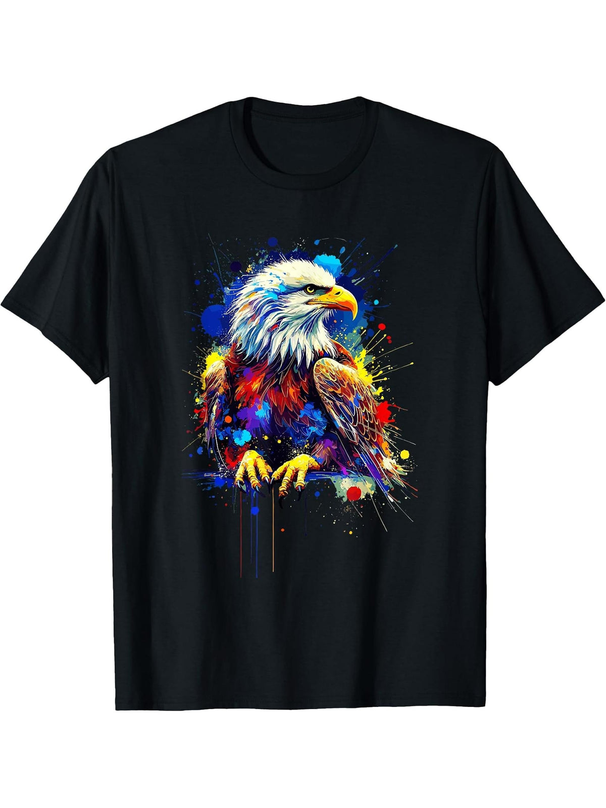 Colorful Splash Art Bald Eagle Bald Eagles T-Shirt 180G 100% Cotton Printed Round Neck Short-Sleeve T-Shirt, Gifts for Men Dad Husband Grandpa, S-XXXL, Black
