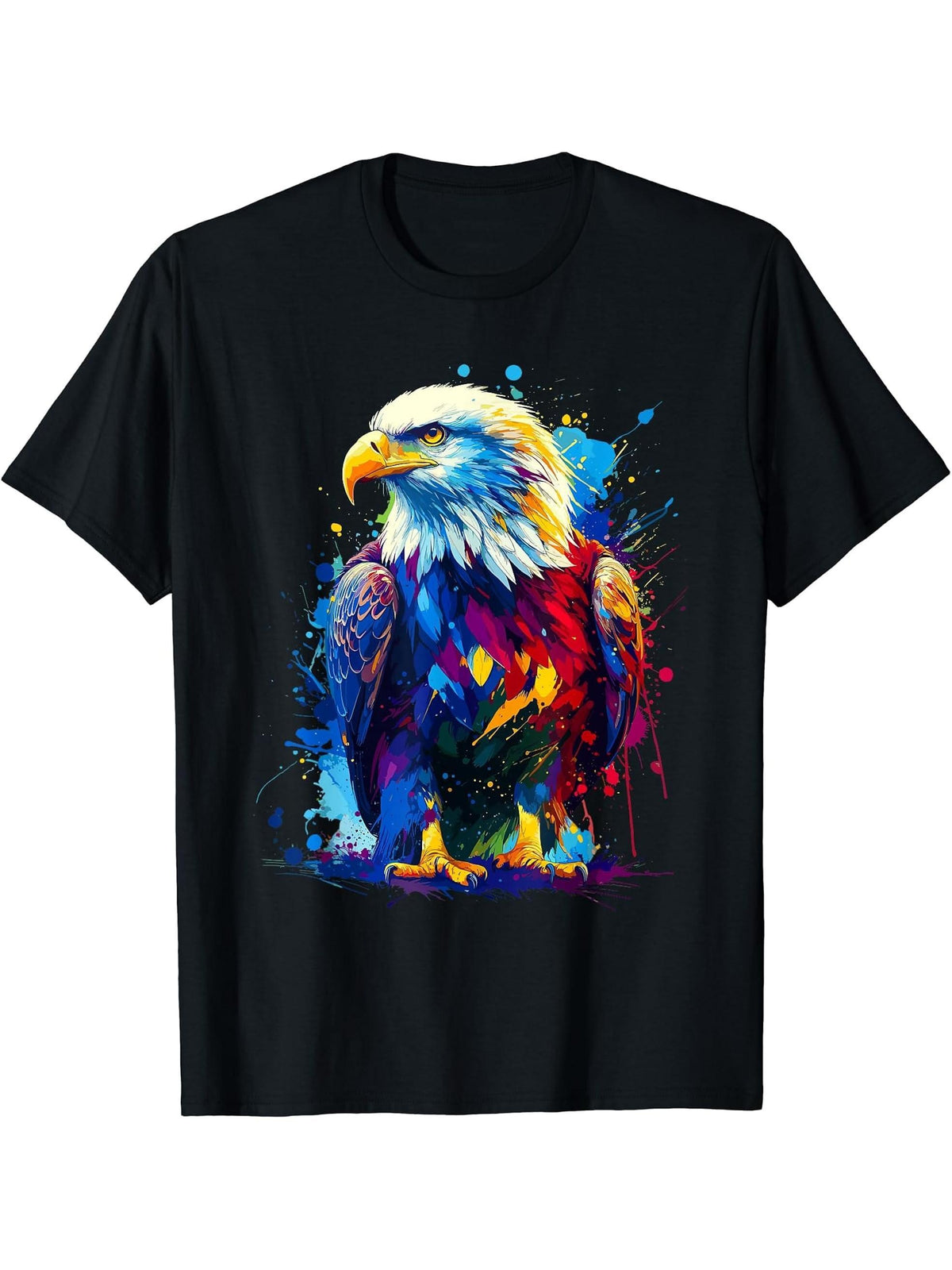 Colorful Splash Art Bald Eagle Bald Eagles T-Shirt 180G 100% Cotton Printed Round Neck Short-Sleeve T-Shirt, Gifts for Men Dad Husband Grandpa, S-XXXL, Black