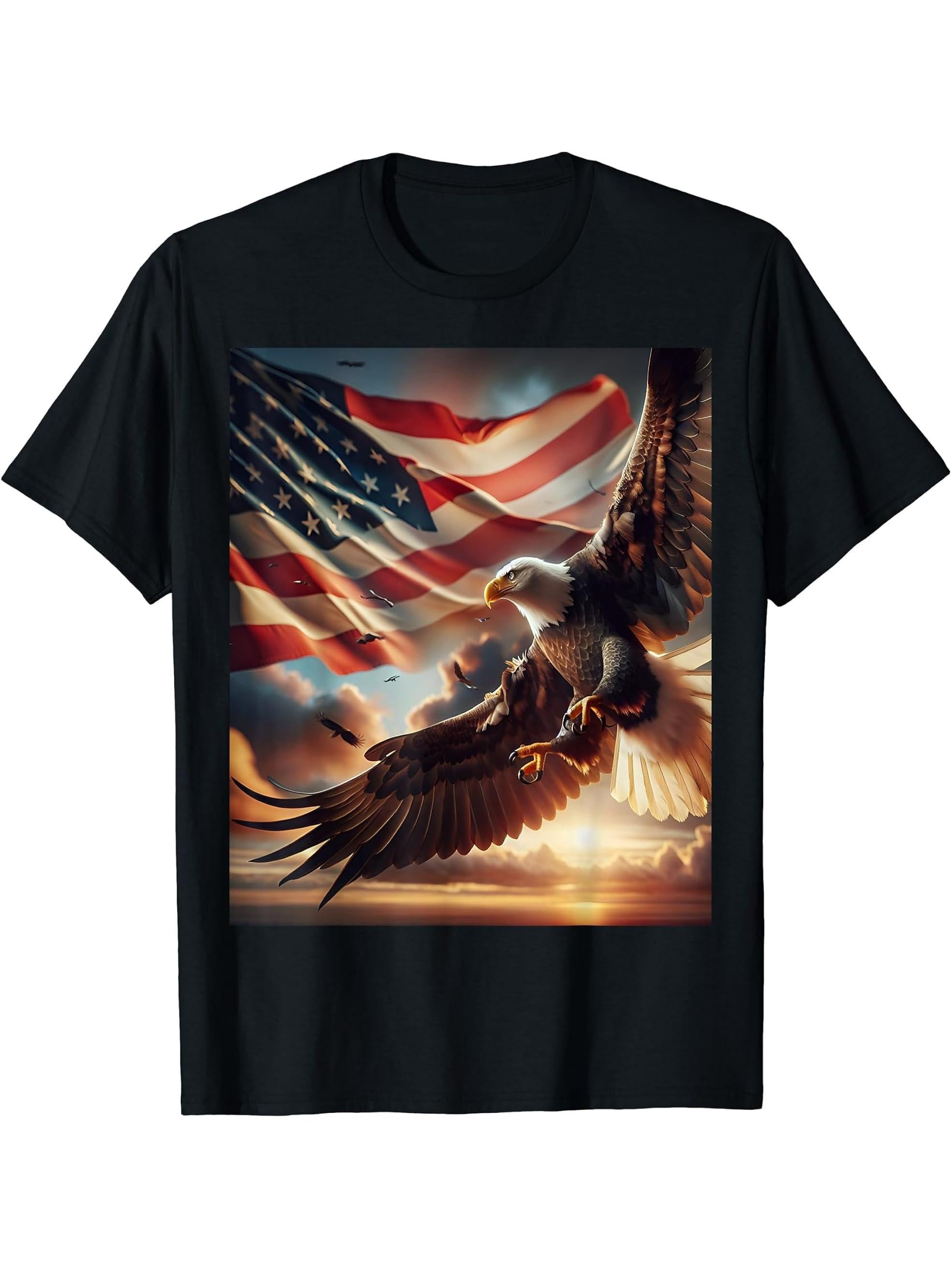 Bald Eagle Hunting With Flag In Sky T-Shirt 180G 100% Cotton Printed Round Neck Short-Sleeve T-Shirt, Gifts for Men Dad Husband Grandpa, S-XXXL, Black