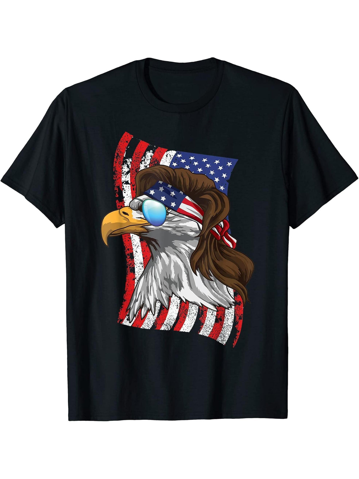 American Bald Eagle Mullet 4th Of July Funny USA Patriotic T-Shirt 180G 100% Cotton Printed Round Neck Short-Sleeve T-Shirt, Gifts for Men Dad Husband Grandpa, S-XXXL, Black