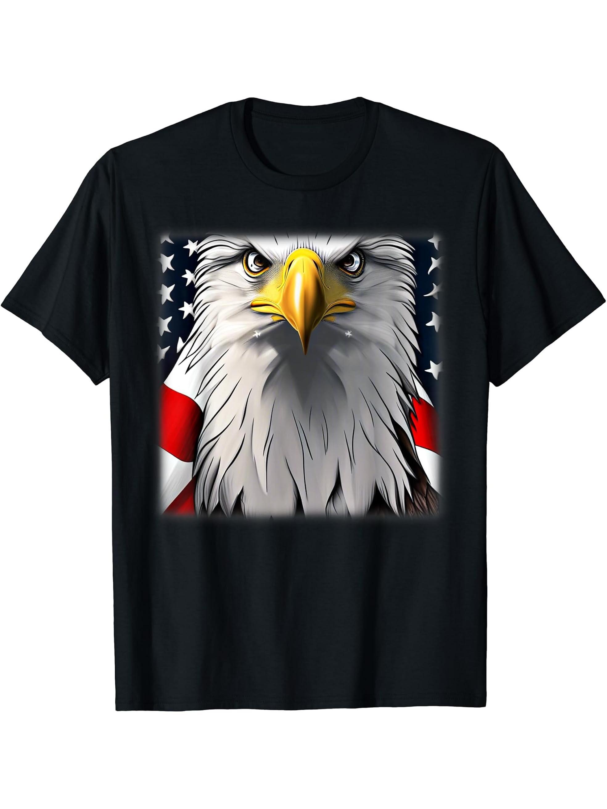 Bald Eagle Head American Flag National Animal Patriotic T-Shirt 180G 100% Cotton Printed Round Neck Short-Sleeve T-Shirt, Gifts for Men Dad Husband Grandpa, S-XXXL, Black