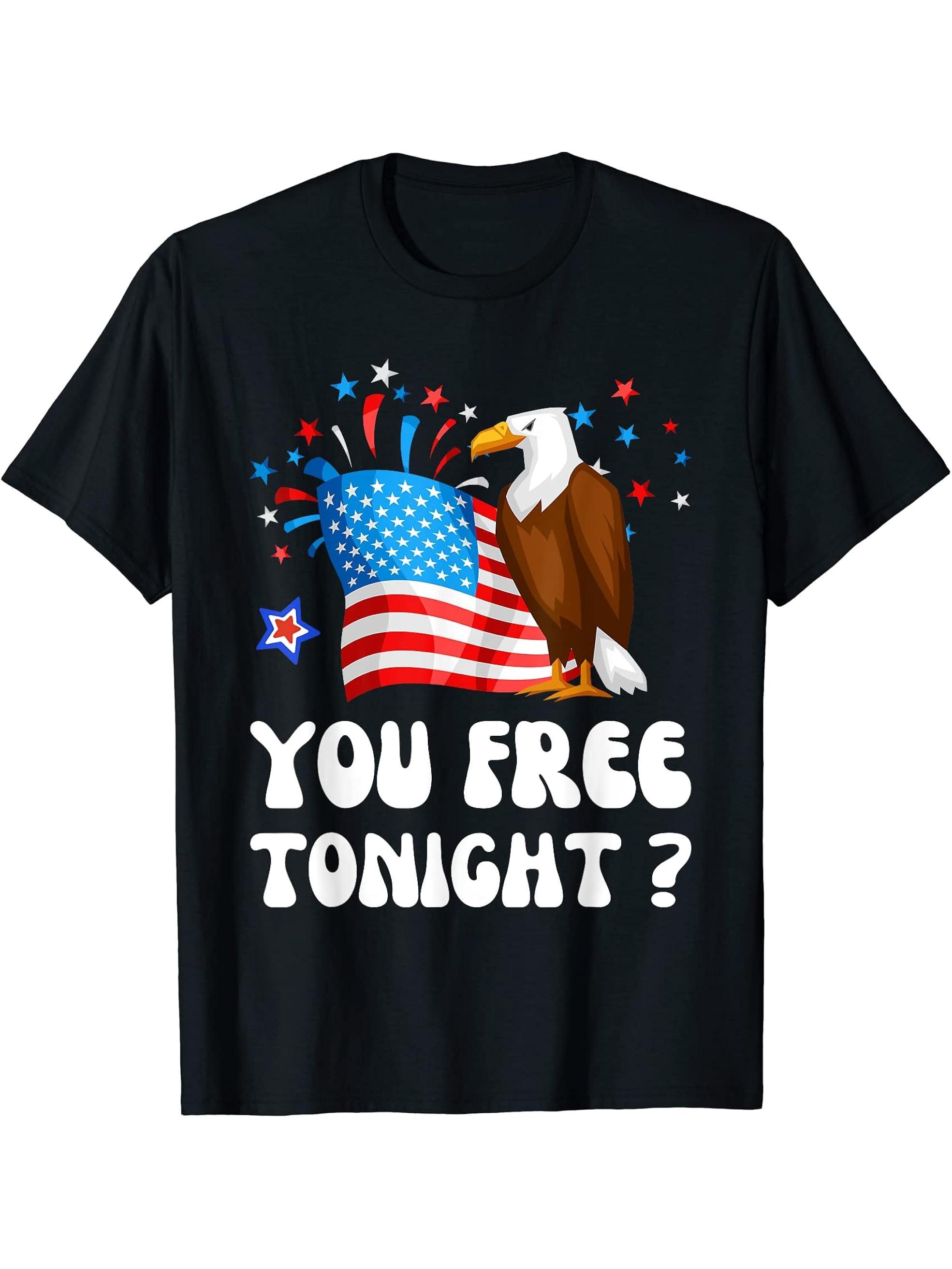 Bald Eagle American Flag You Free Tonight Happy 4th Of July T-Shirt 180G 100% Cotton Printed Round Neck Short-Sleeve T-Shirt, Gifts for Men Dad Husband Grandpa, S-XXXL, Black