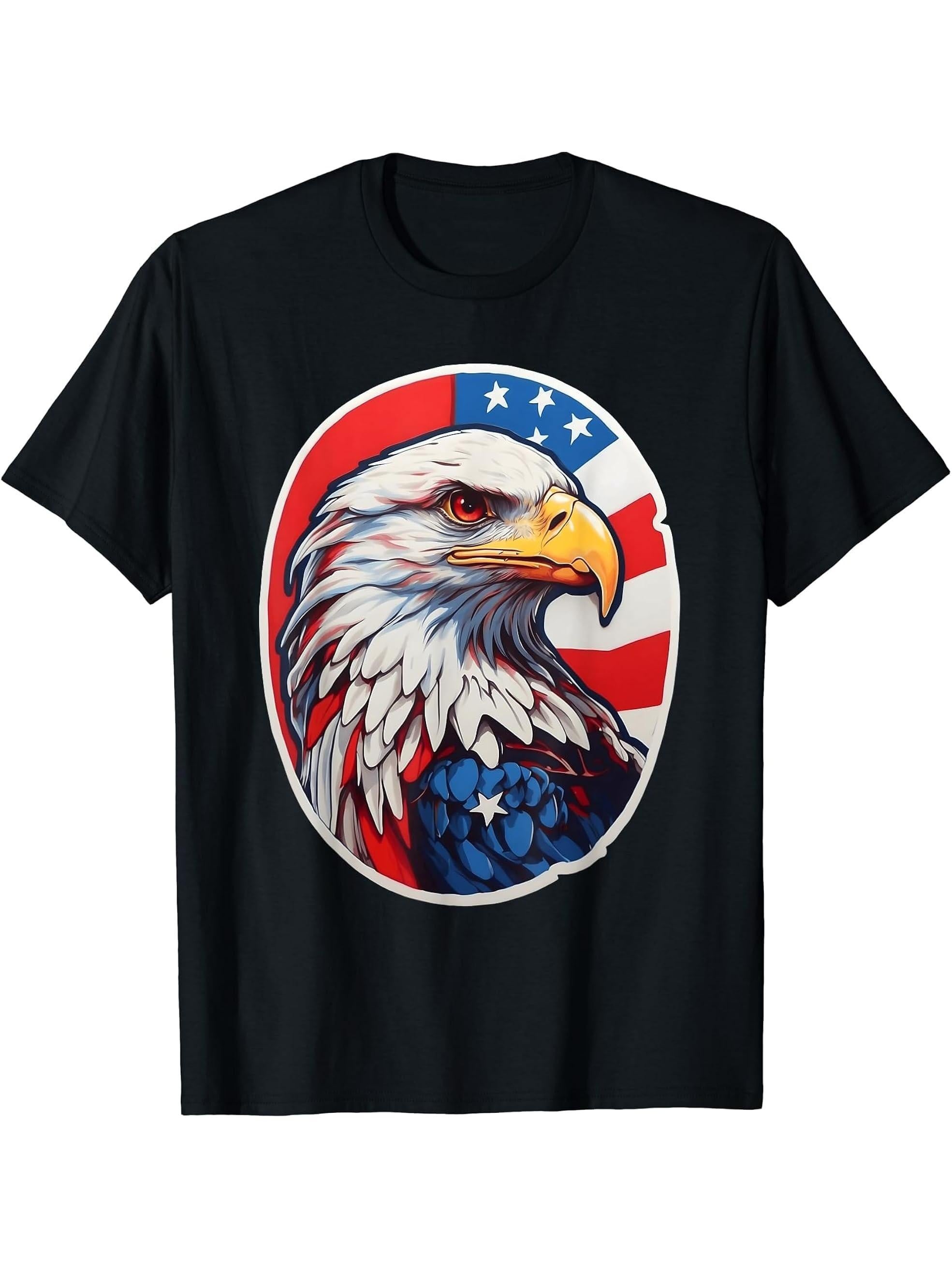 Freedom's Flight - Bald Eagle in Patriotic Colors Red, White T-Shirt 180G 100% Cotton Printed Round Neck Short-Sleeve T-Shirt, Gifts for Men Dad Husband Grandpa, S-XXXL, Black