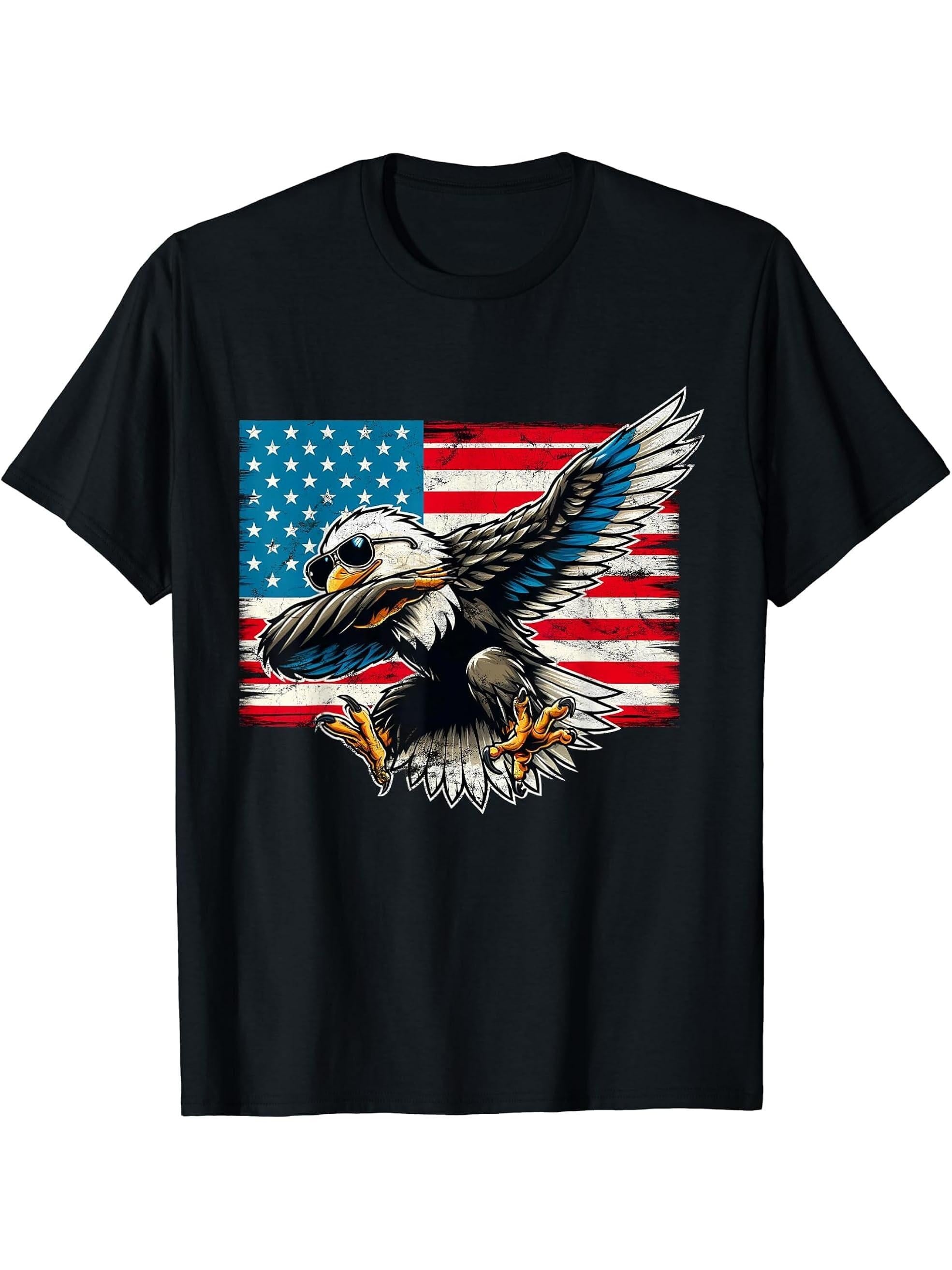 Dabbing American Bald Eagle 4th Of July Vintage USA Flag T-Shirt 180G 100% Cotton Printed Round Neck Short-Sleeve T-Shirt, Gifts for Men Dad Husband Grandpa, S-XXXL, Black