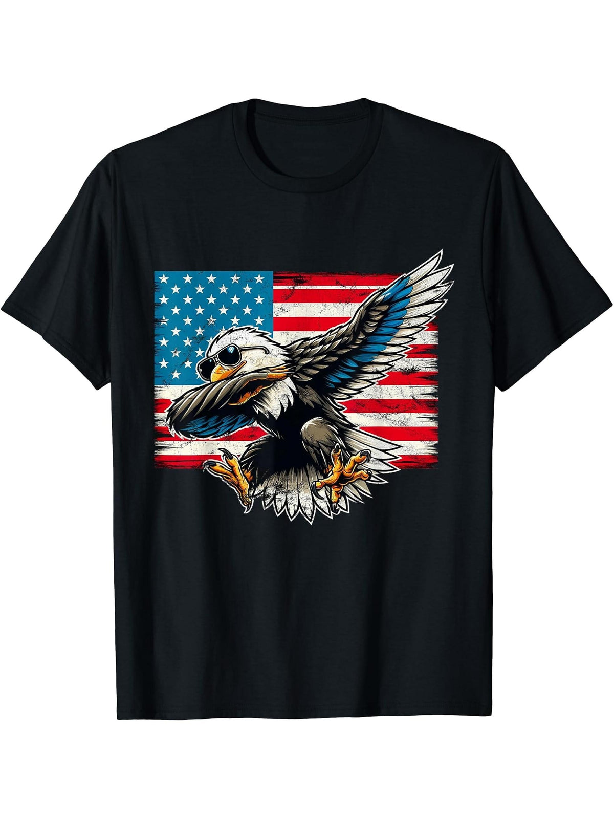 Dabbing American Bald Eagle 4th Of July Vintage USA Flag T-Shirt 180G 100% Cotton Printed Round Neck Short-Sleeve T-Shirt, Gifts for Men Dad Husband Grandpa, S-XXXL, Black