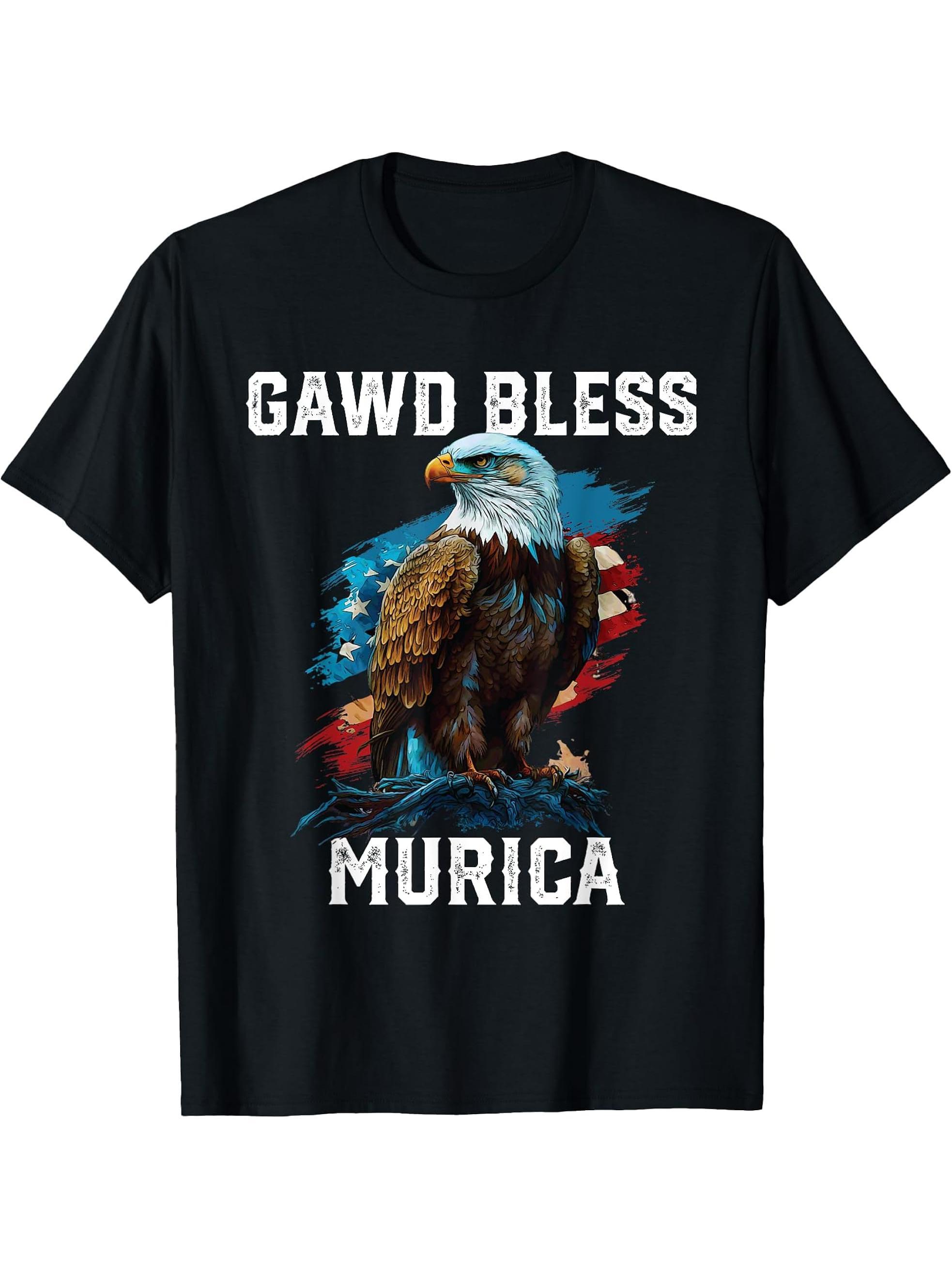 Gawd Bless Murica American Bald Eagle Funny America T-Shirt 180G 100% Cotton Printed Round Neck Short-Sleeve T-Shirt, Gifts for Men Dad Husband Grandpa, S-XXXL, Black