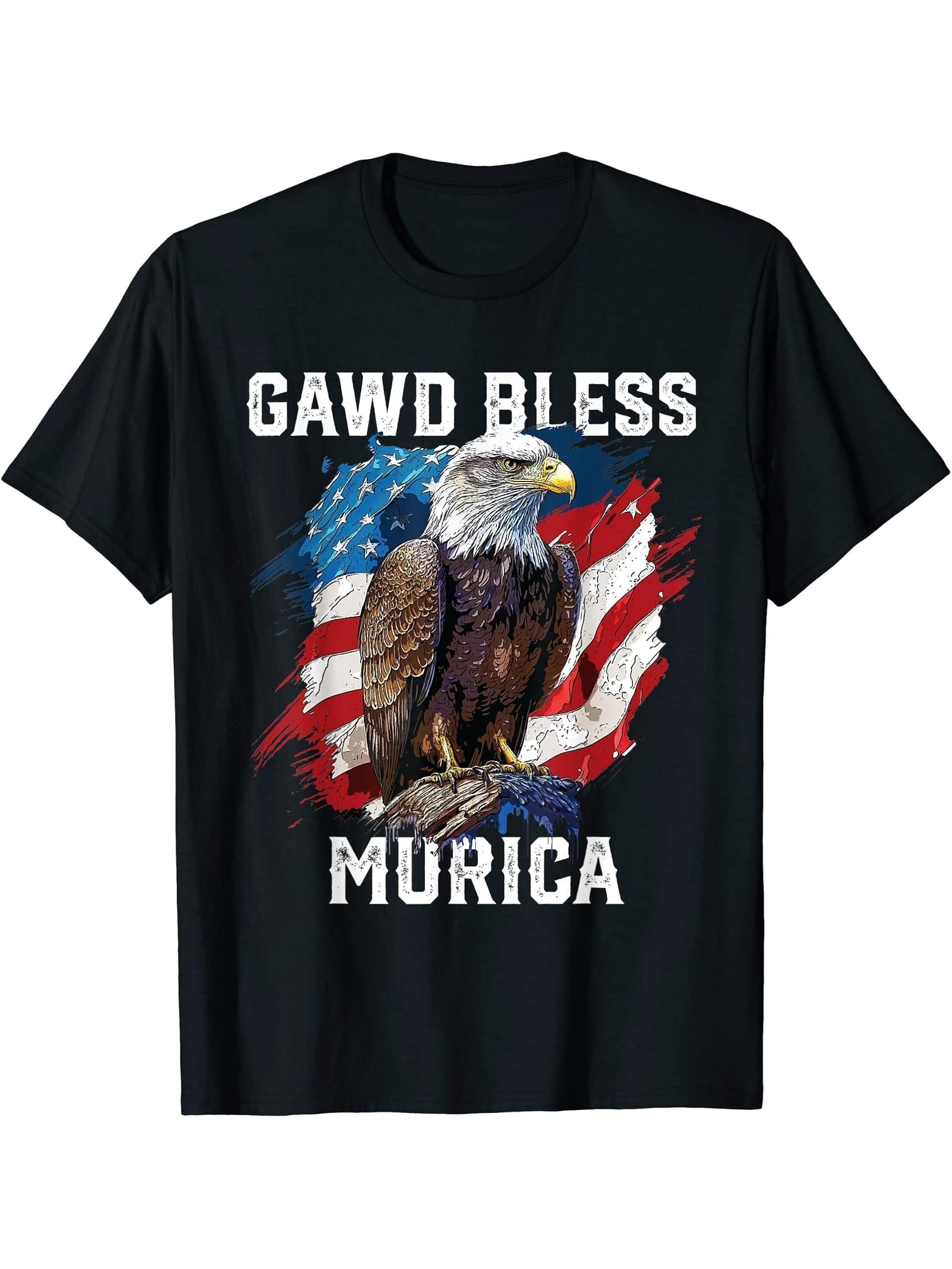 Gawd Bless Murica American Bald Eagle Funny America T-Shirt 180G 100% Cotton Printed Round Neck Short-Sleeve T-Shirt, Gifts for Men Dad Husband Grandpa, S-XXXL, Black