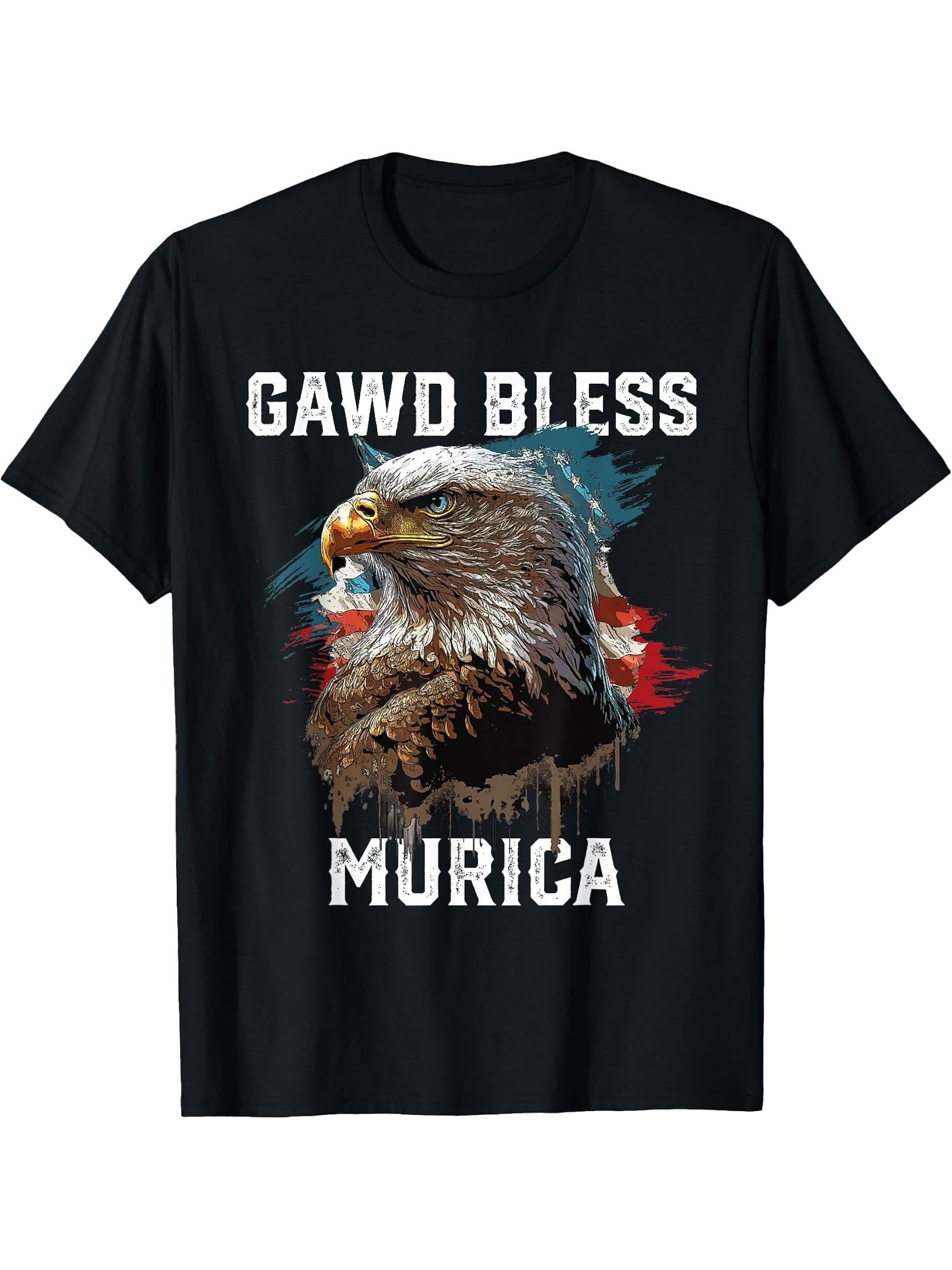 Gawd Bless Murica American Bald Eagle Funny America T-Shirt 180G 100% Cotton Printed Round Neck Short-Sleeve T-Shirt, Gifts for Men Dad Husband Grandpa, S-XXXL, Black