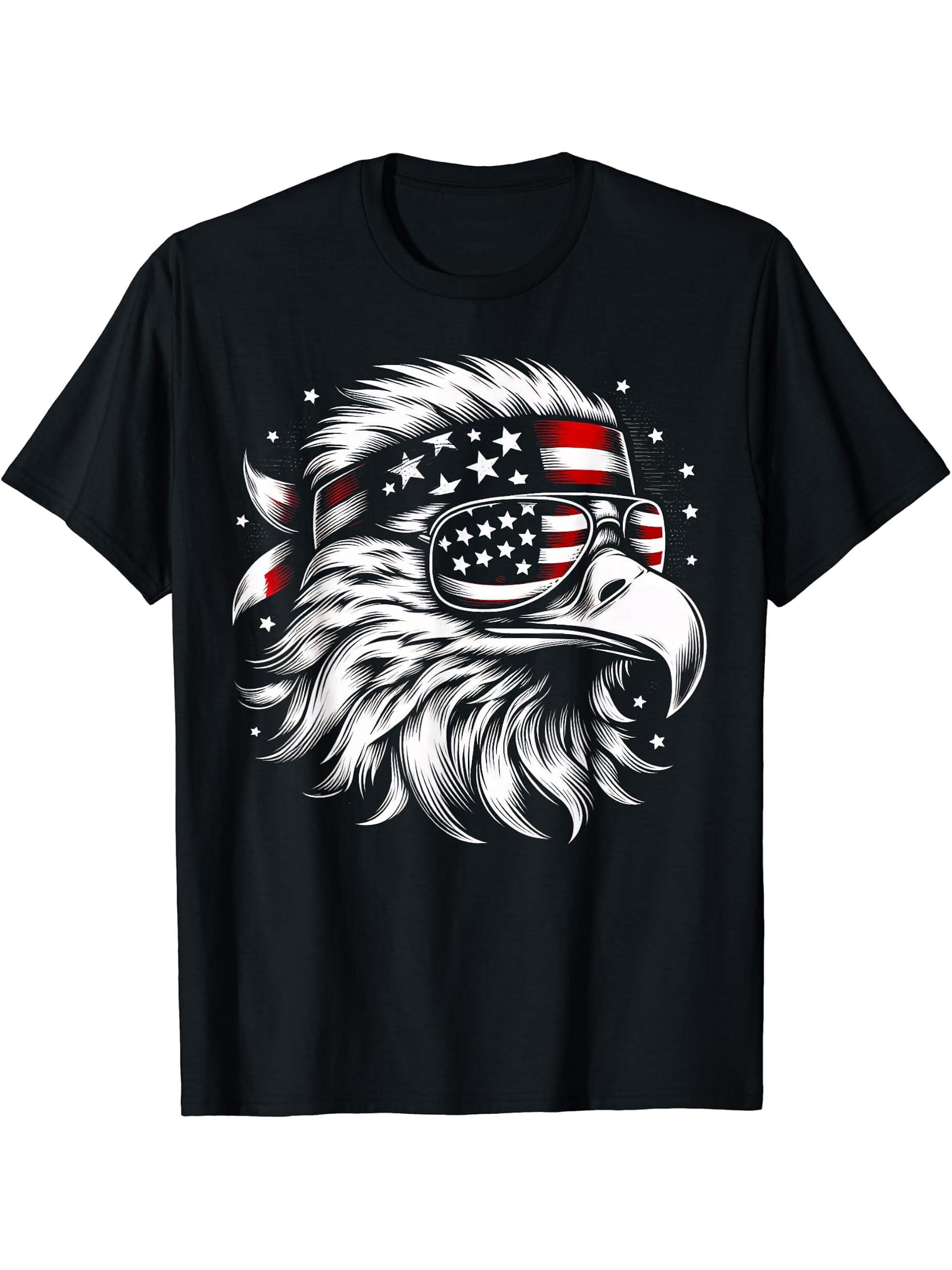 Bald Eagle Patriotic American Sunglasses Flag 4th Of July T-Shirt 180G 100% Cotton Printed Round Neck Short-Sleeve T-Shirt, Gifts for Men Dad Husband Grandpa, S-XXXL, Black